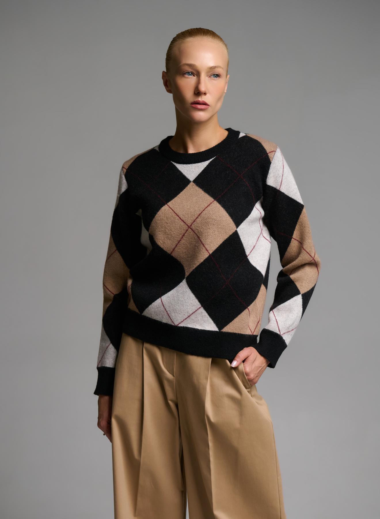 Camel-Ecru-Black diamond pattern knitted Blouse Cozy - 1