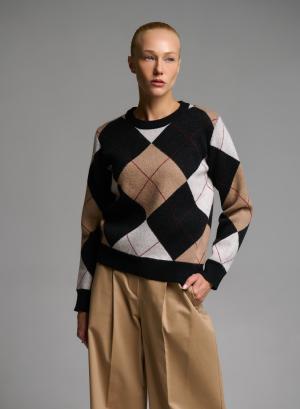 Camel-Ecru-Black diamond pattern knitted Blouse Cozy - 65783