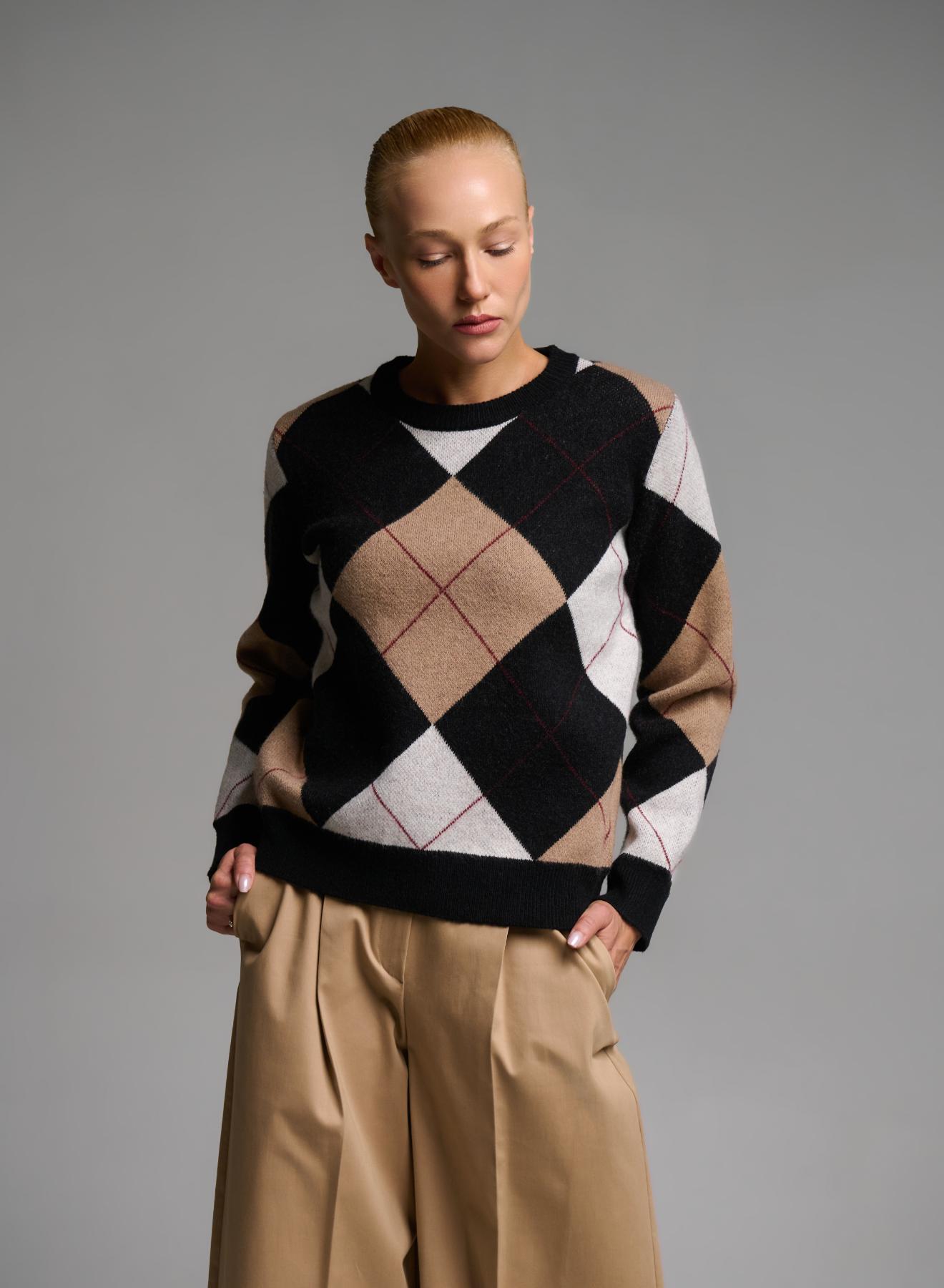 Camel-Ecru-Black diamond pattern knitted Blouse Cozy - 5
