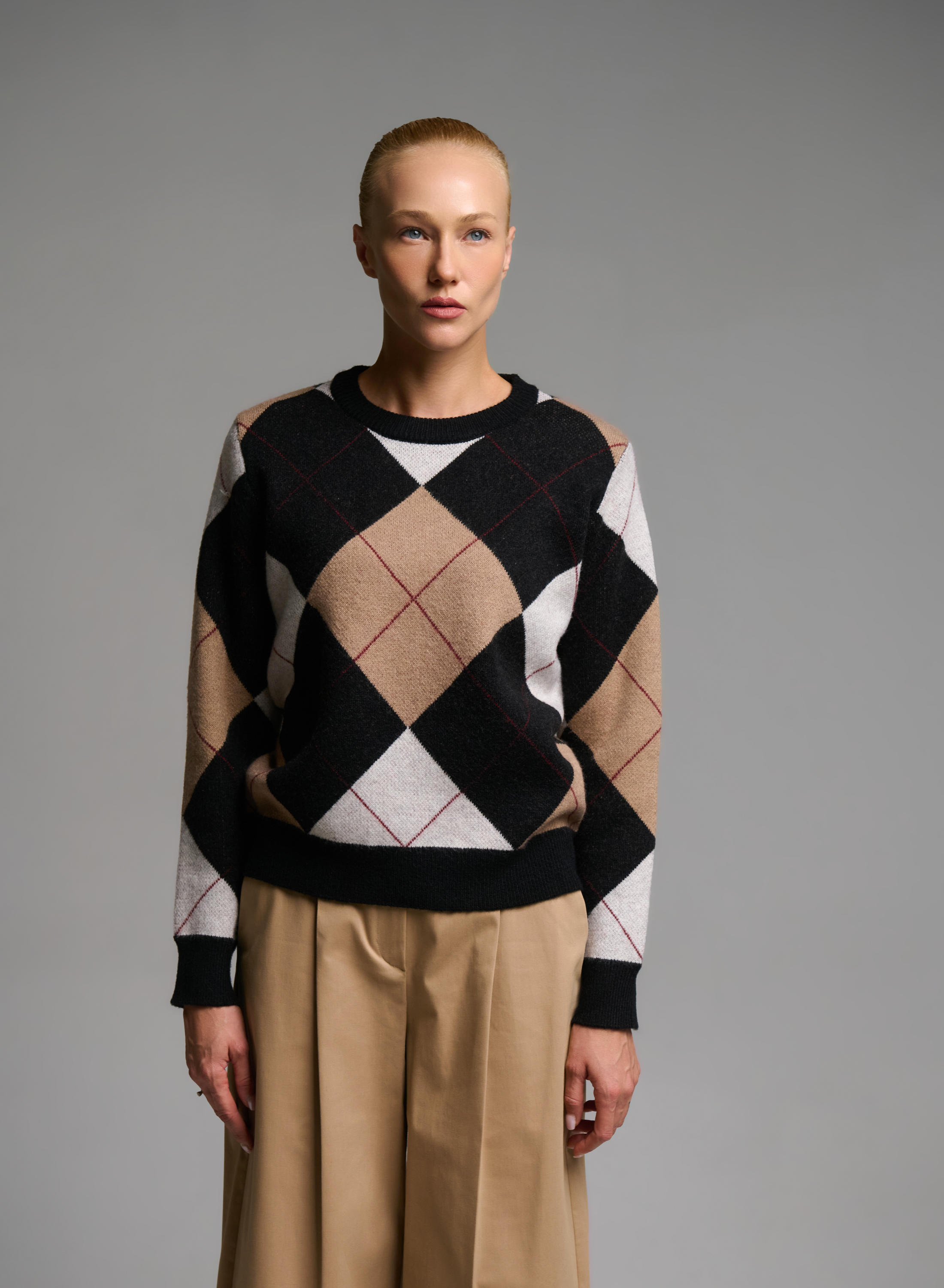 Camel-Ecru-Black diamond pattern knitted Blouse Cozy - 5