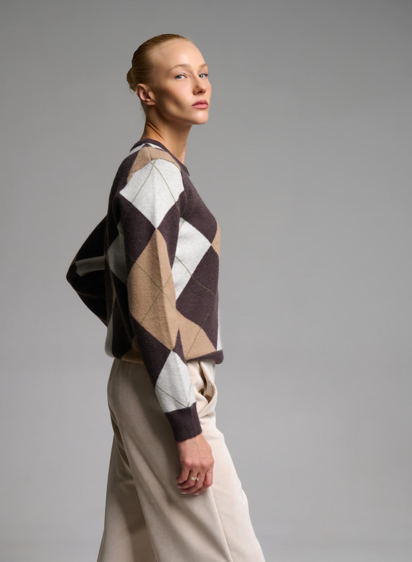 Εκρού-Κάμελ-Σοκολά πλεκτή Μπλούζα με ρόμβους Cozy - 4