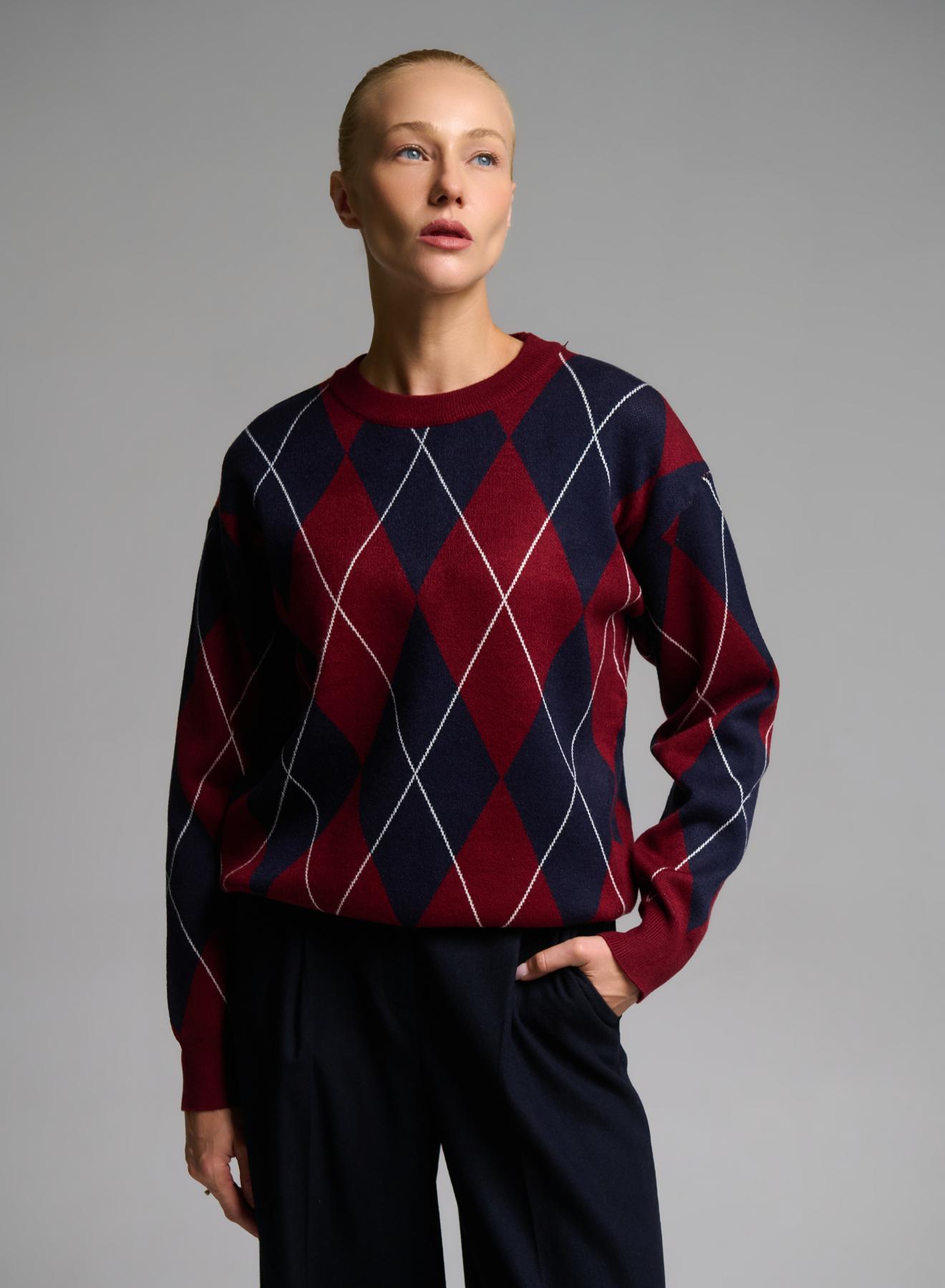 Blue-Red diamond pattern knitted Blouse Mon Amour Pour Toi - 4