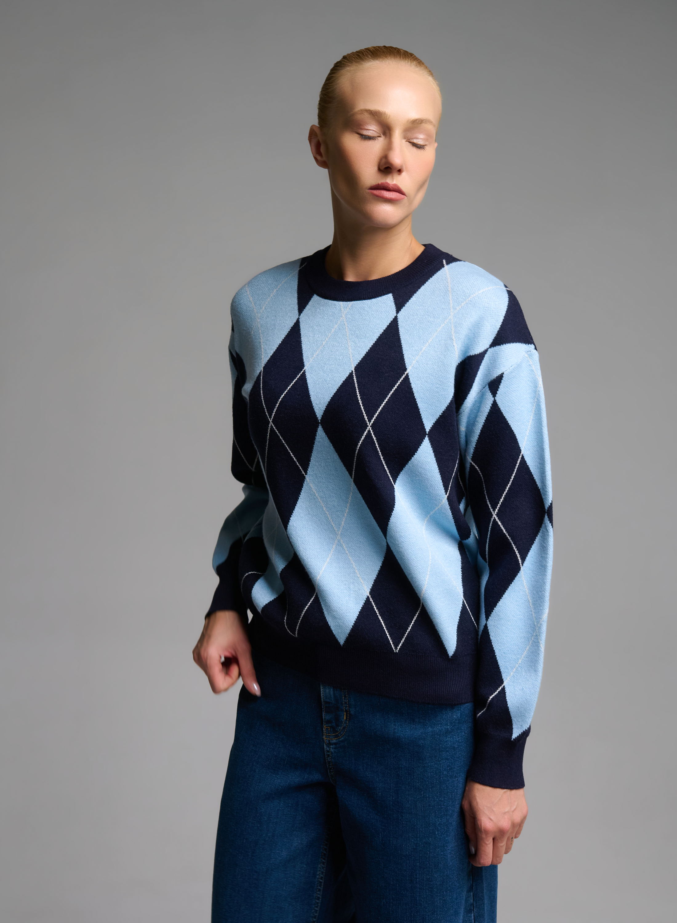 Blue-Light Blue diamond pattern knitted Blouse Mon Amour Pour Toi - 0