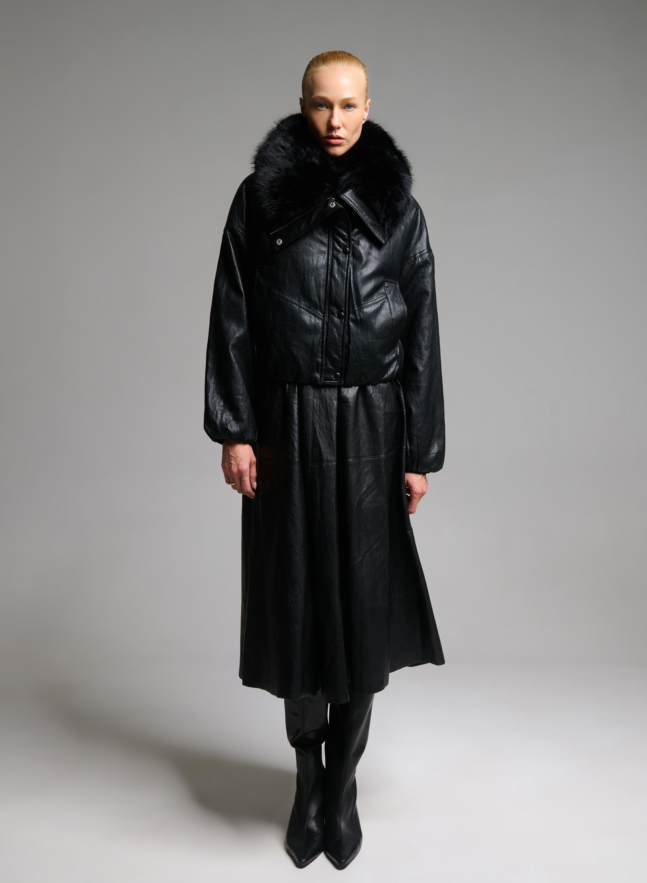 Black eco leather Jacket with eco fur lapel and with elasticated hem M.C. - 1