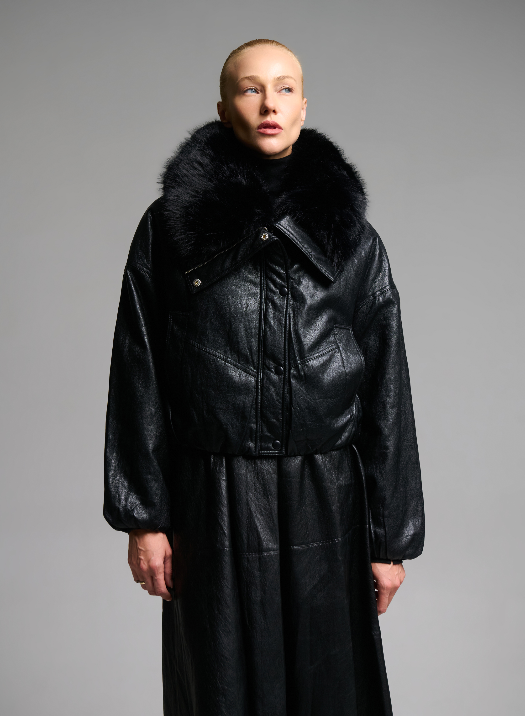 Black eco leather Jacket with eco fur lapel and with elasticated hem M.C. - 0