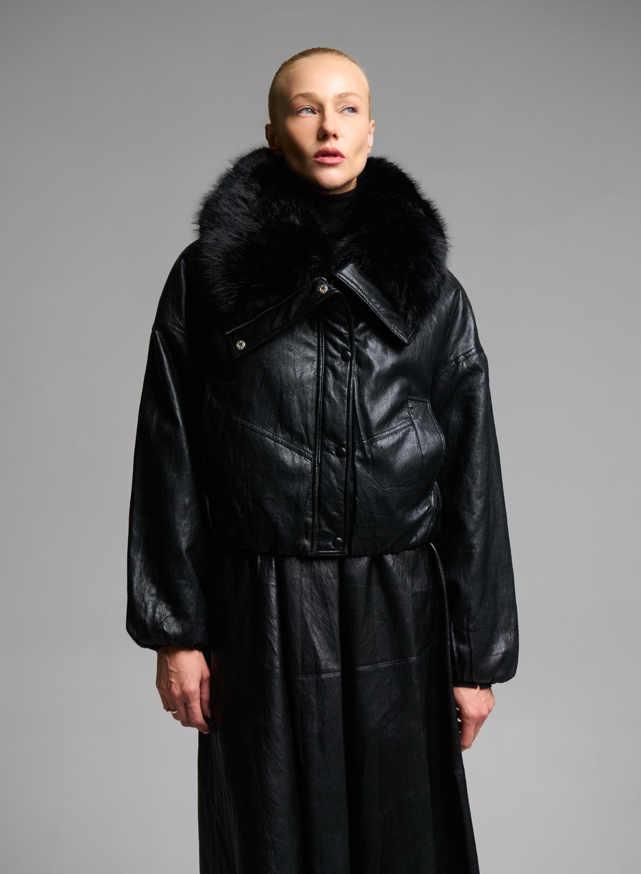 Black eco leather Jacket with eco fur lapel and with elasticated hem M.C. - 1