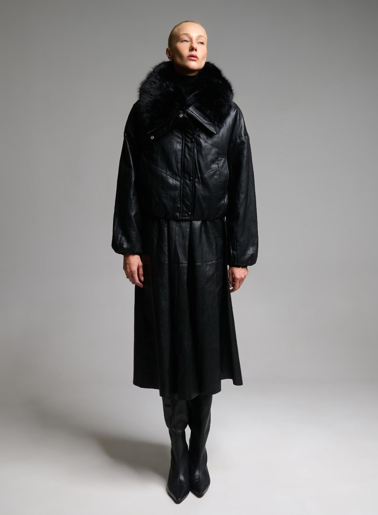 Black eco leather Jacket with eco fur lapel and with elasticated hem M.C. - 3
