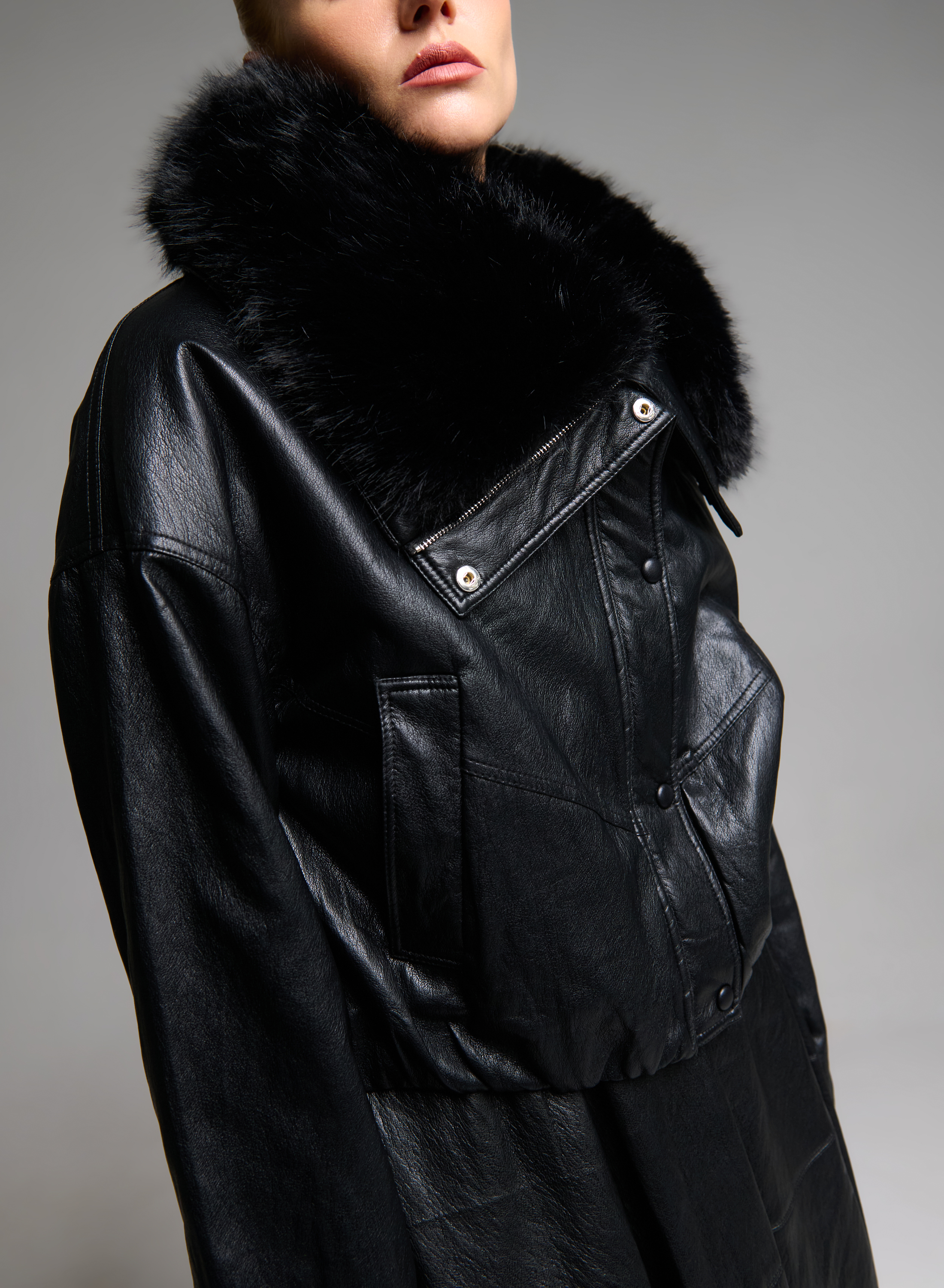 Black eco leather Jacket with eco fur lapel and with elasticated hem M.C. - 5