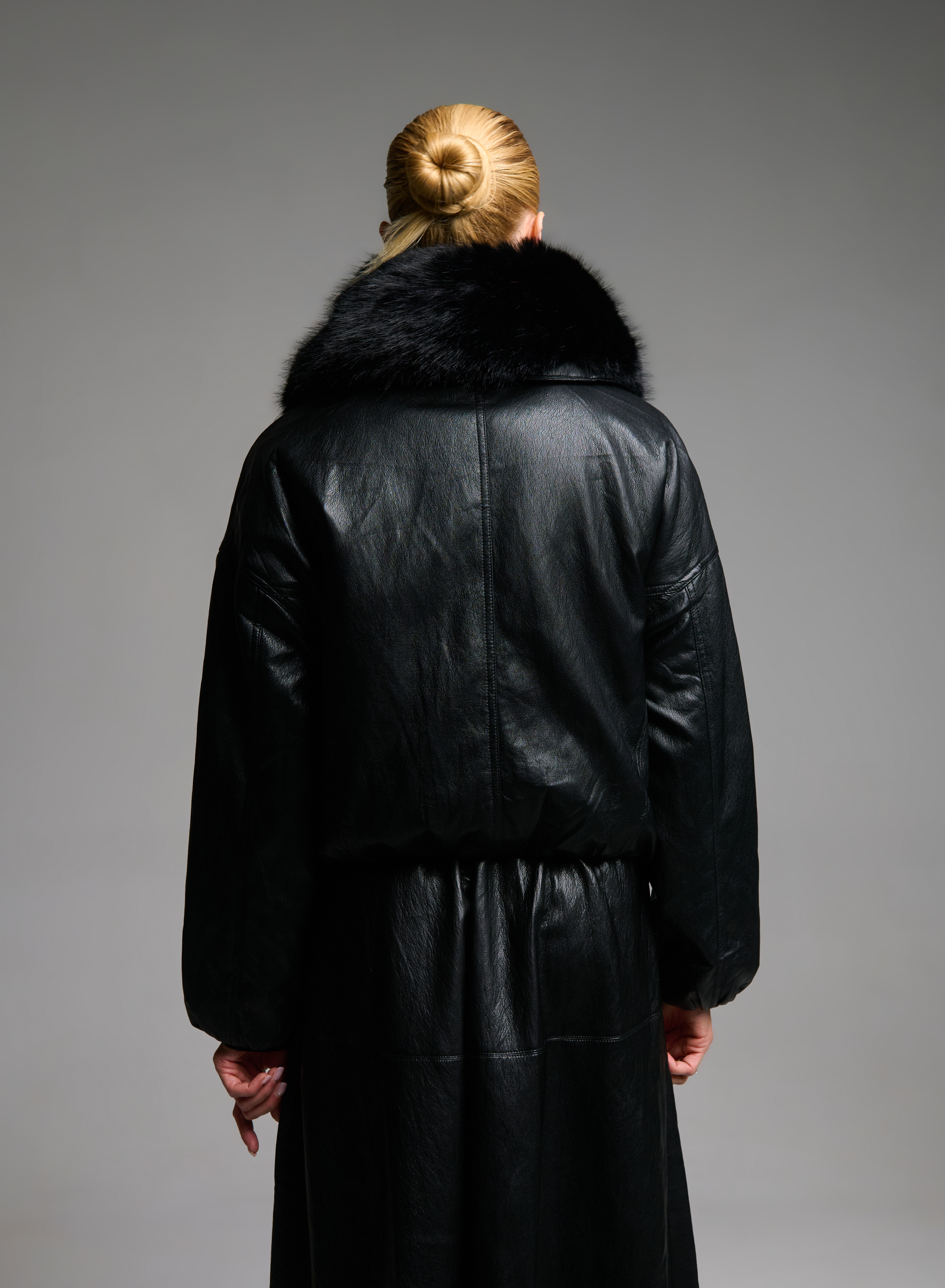 Black eco leather Jacket with eco fur lapel and with elasticated hem M.C. - 7