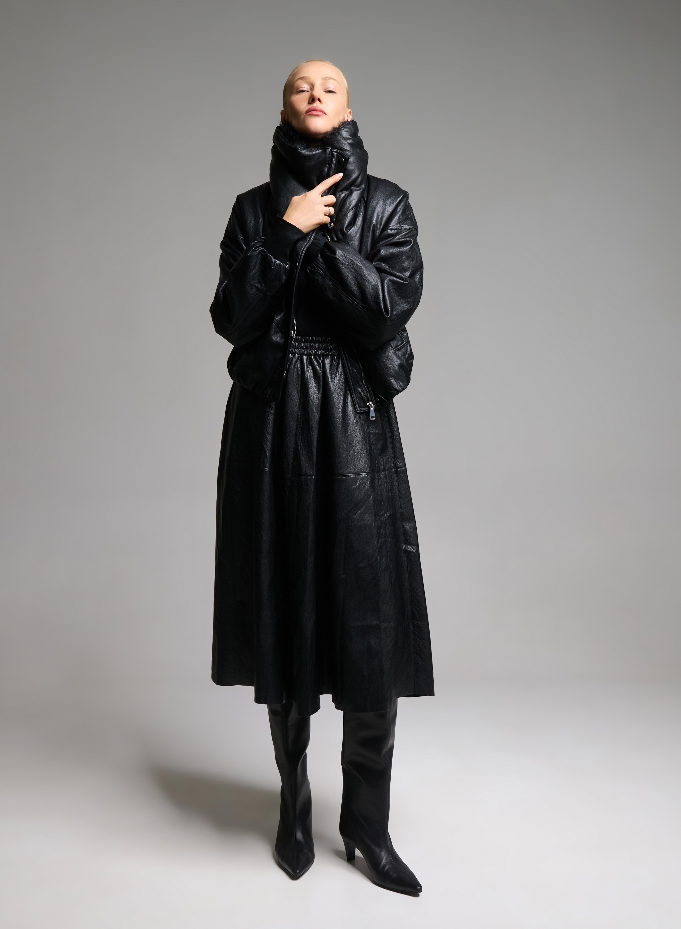 Black eco leather Jacket with eco fur lapel and with elasticated hem M.C. - 6