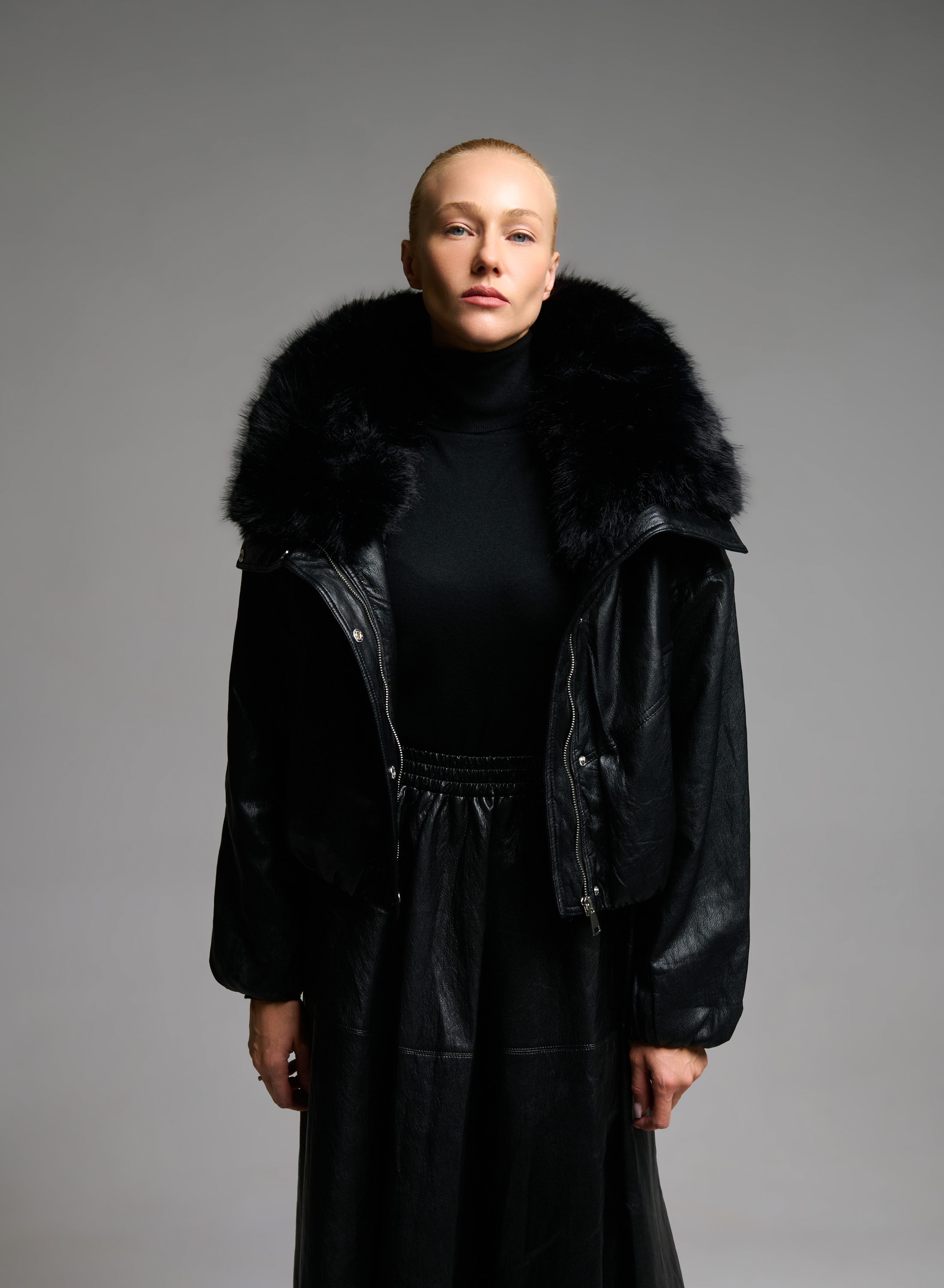 Black eco leather Jacket with eco fur lapel and with elasticated hem M.C. - 4