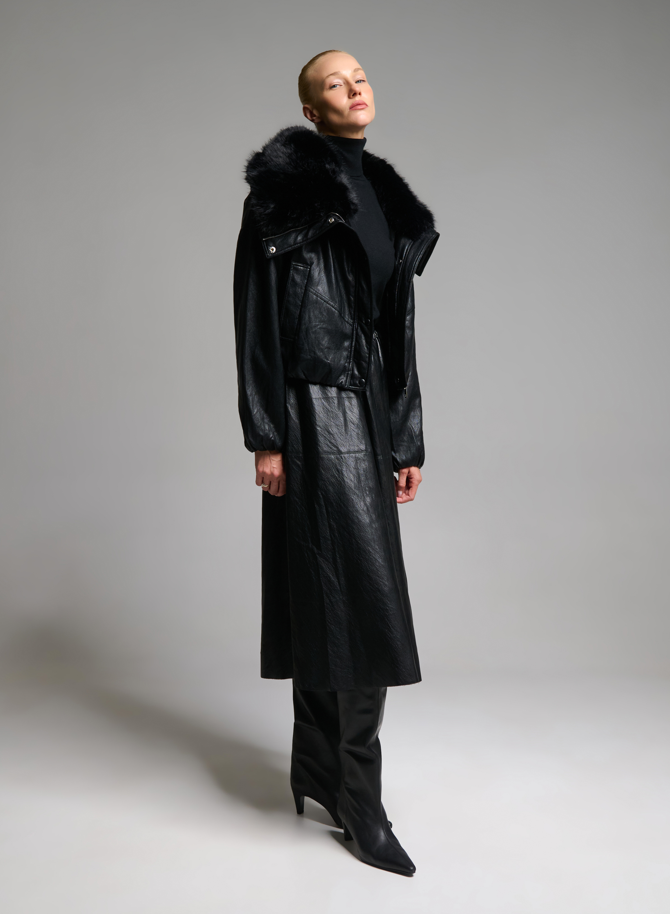 Black eco leather Jacket with eco fur lapel and with elasticated hem M.C. - 8