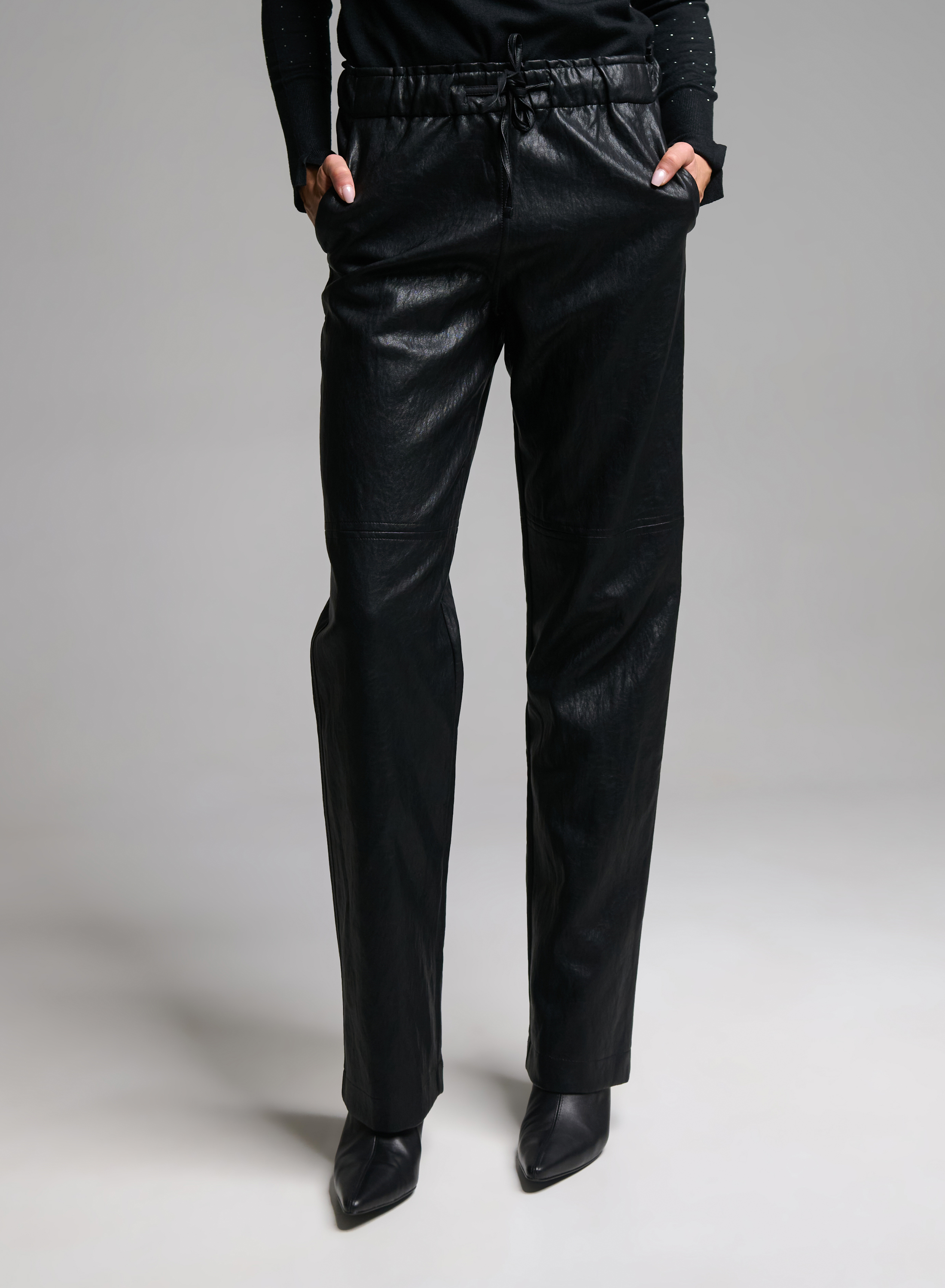 Black eco leather Trousers with elasticated waistband with drawstring "CHARLOTTE" Devotion Twins - 1