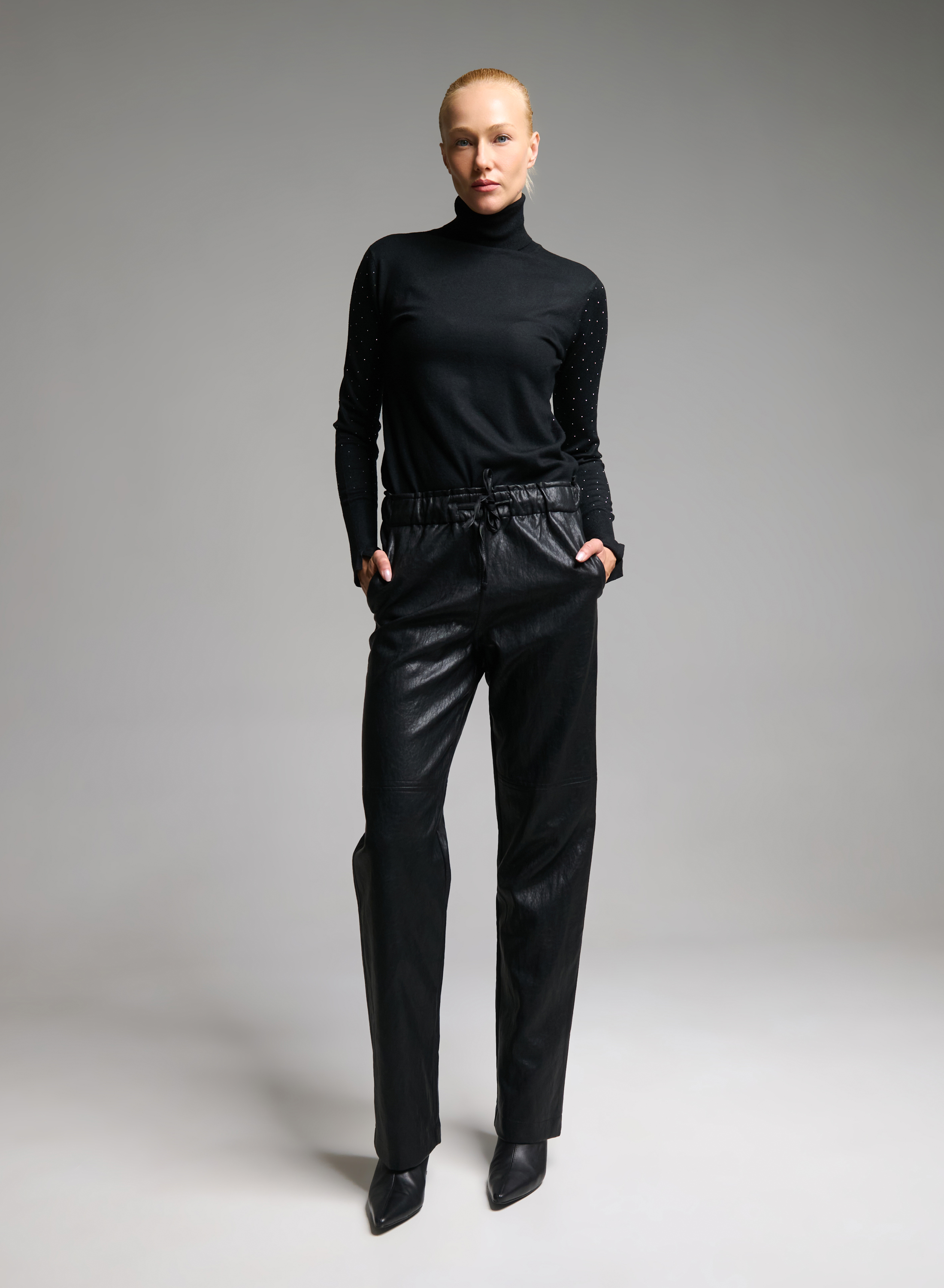 Black eco leather Trousers with elasticated waistband with drawstring "CHARLOTTE" Devotion Twins - 2