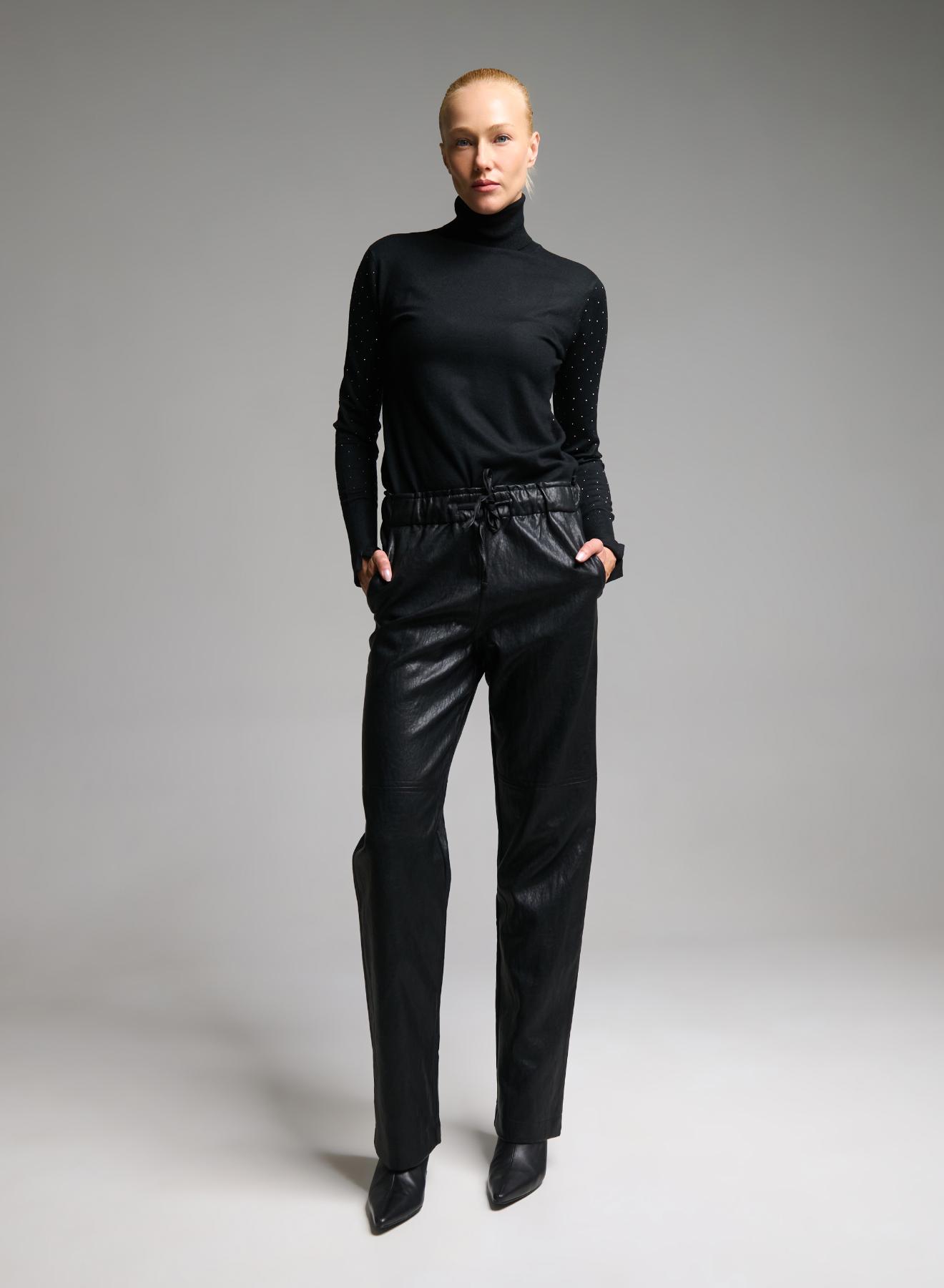 Black eco leather Trousers with elasticated waistband with drawstring "CHARLOTTE" Devotion Twins - 3