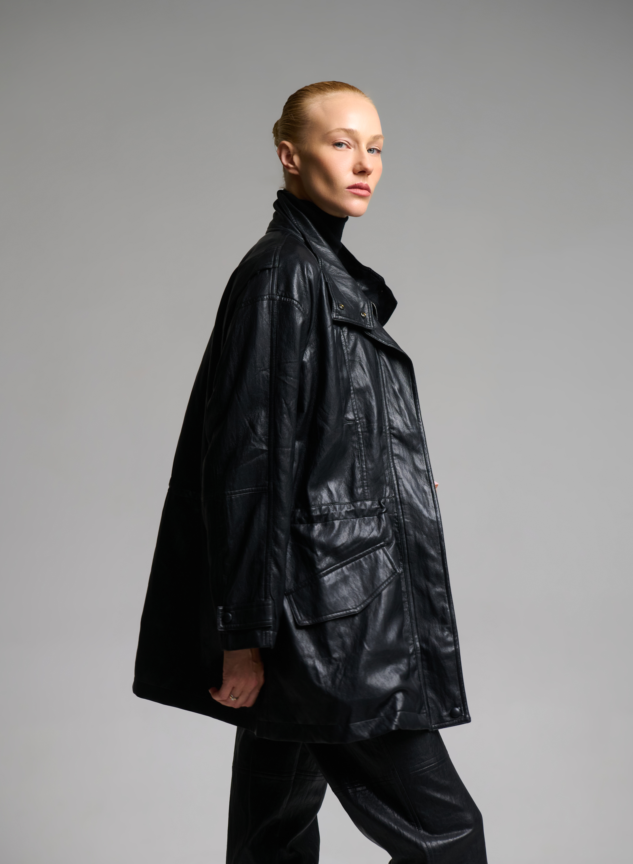 Black eco leather Jacket with drawstring MY STAR - 7