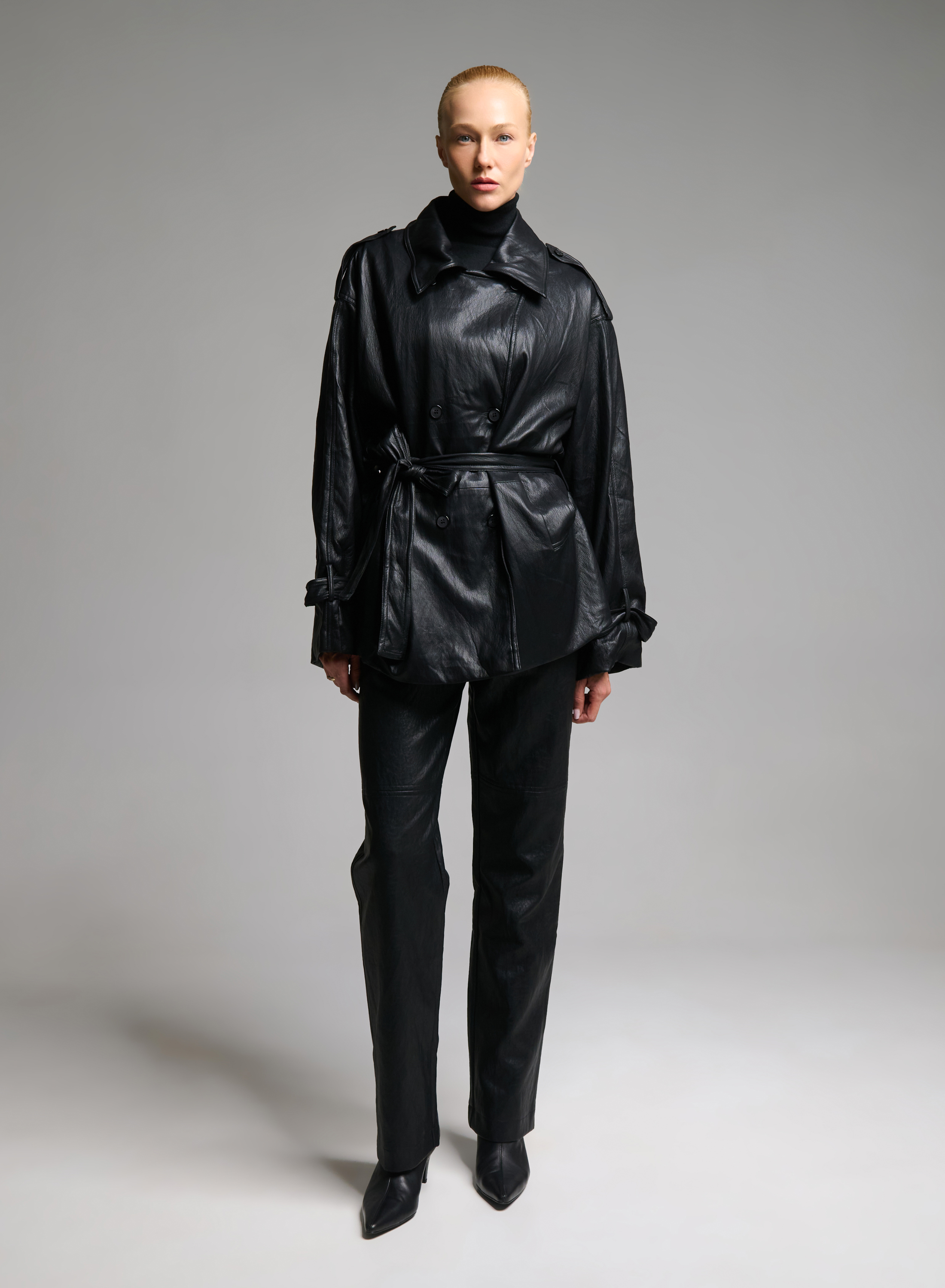 Black double breasted eco leather Jacket with belt MY STAR - 1