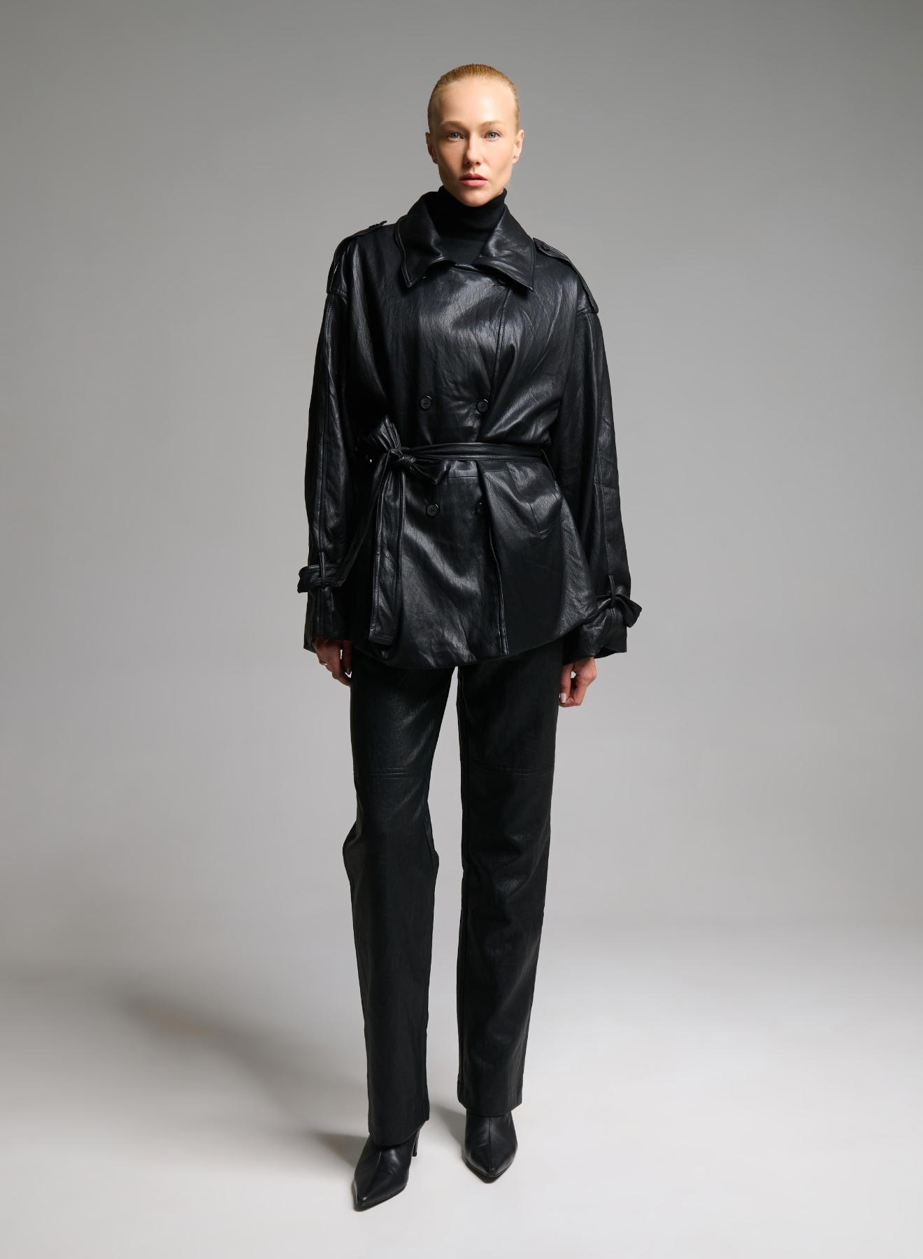 Black double breasted eco leather Jacket with belt MY STAR - 2