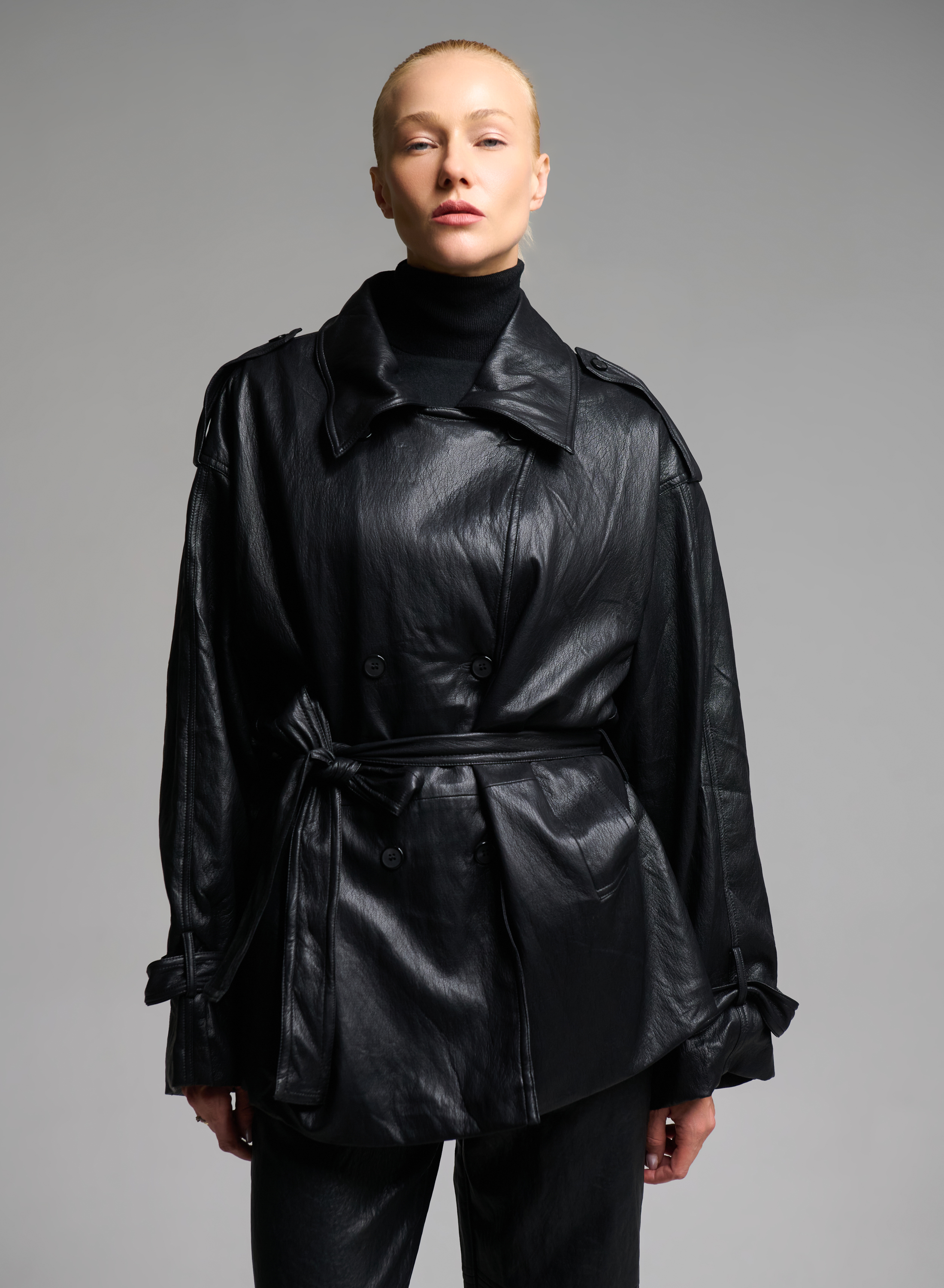 Black double breasted eco leather Jacket with belt MY STAR - 0