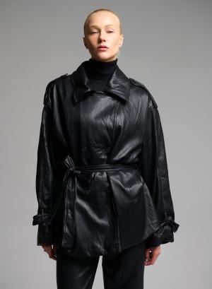 Black double breasted eco leather Jacket with belt MY STAR - 66285