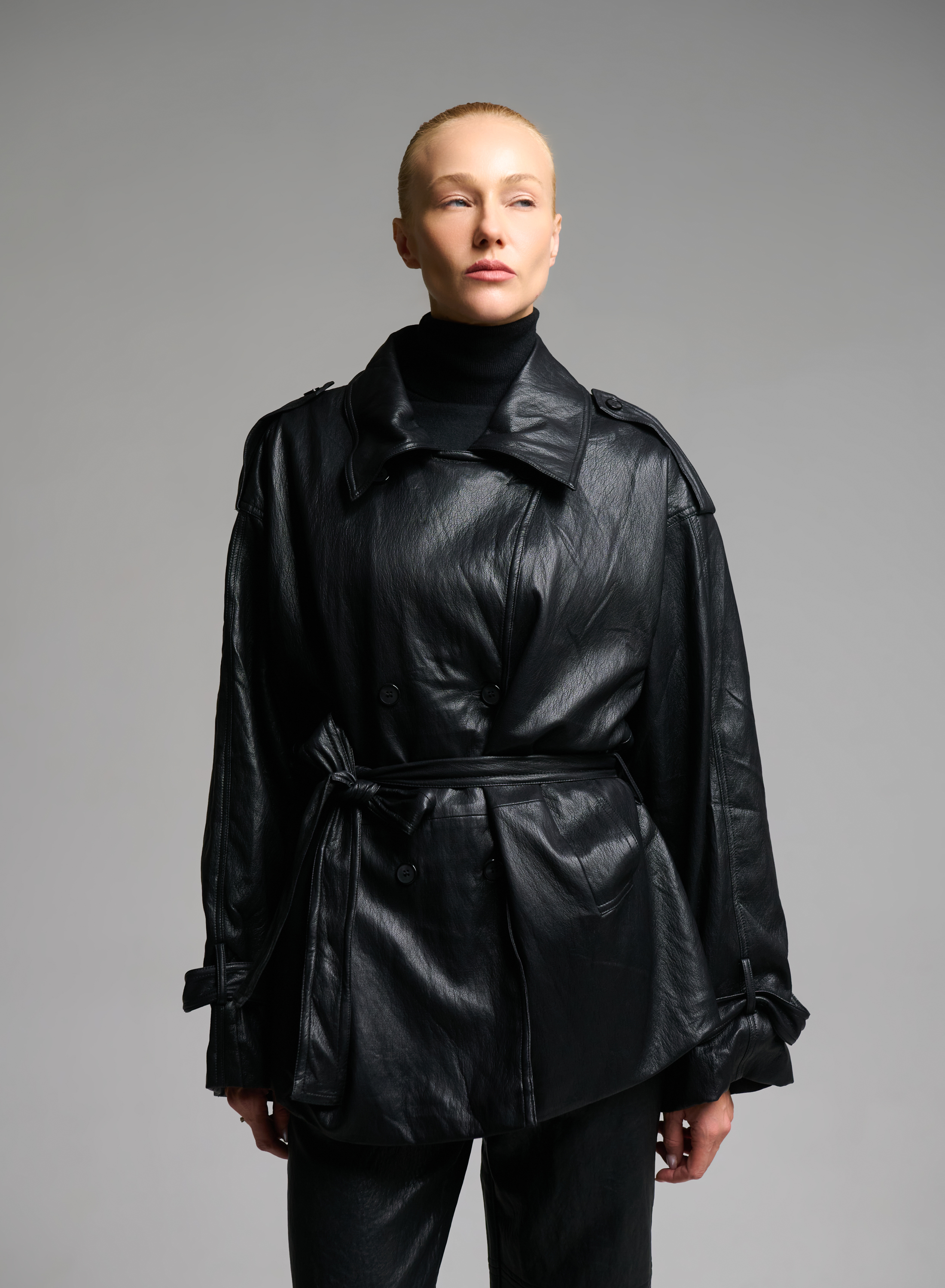 Black double breasted eco leather Jacket with belt MY STAR - 2