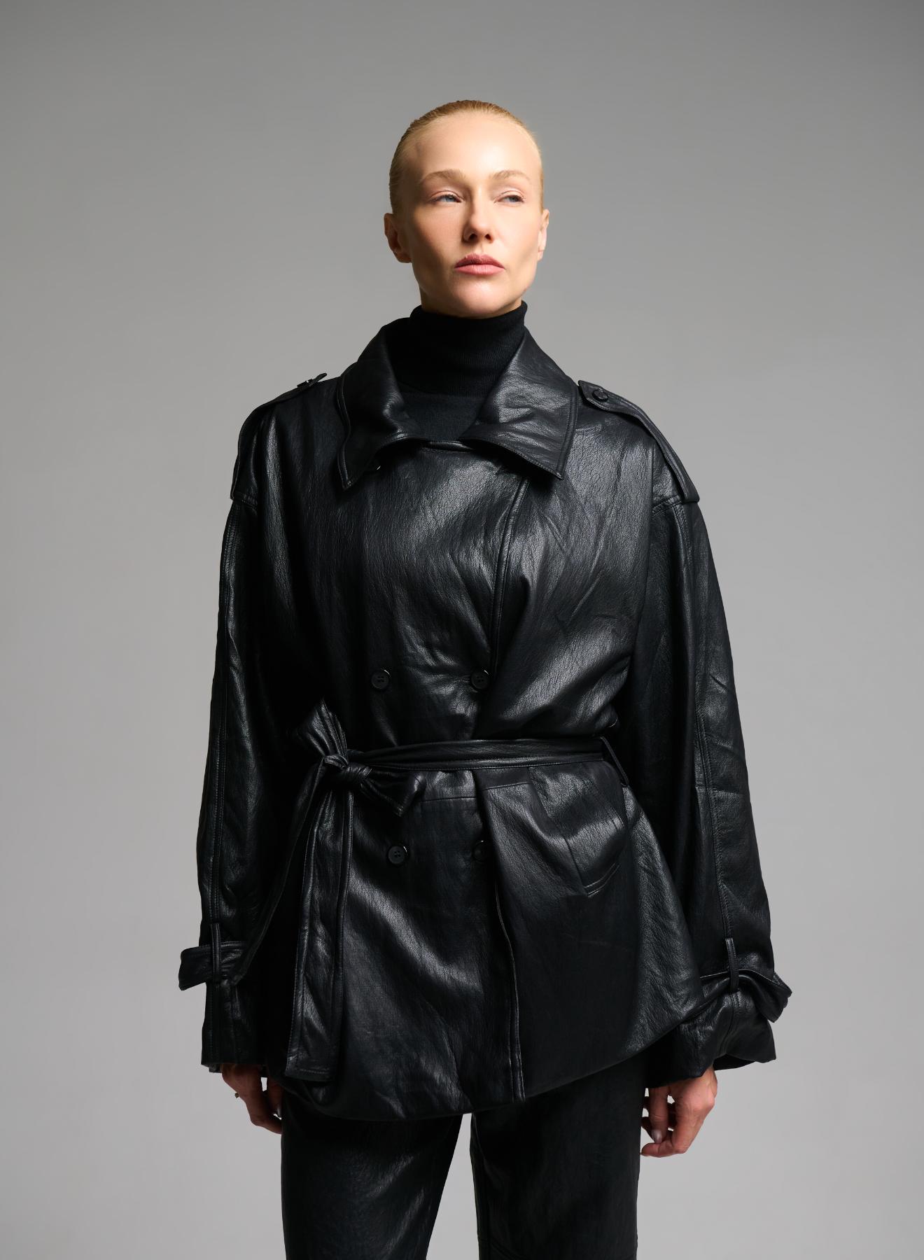 Black double breasted eco leather Jacket with belt MY STAR - 3