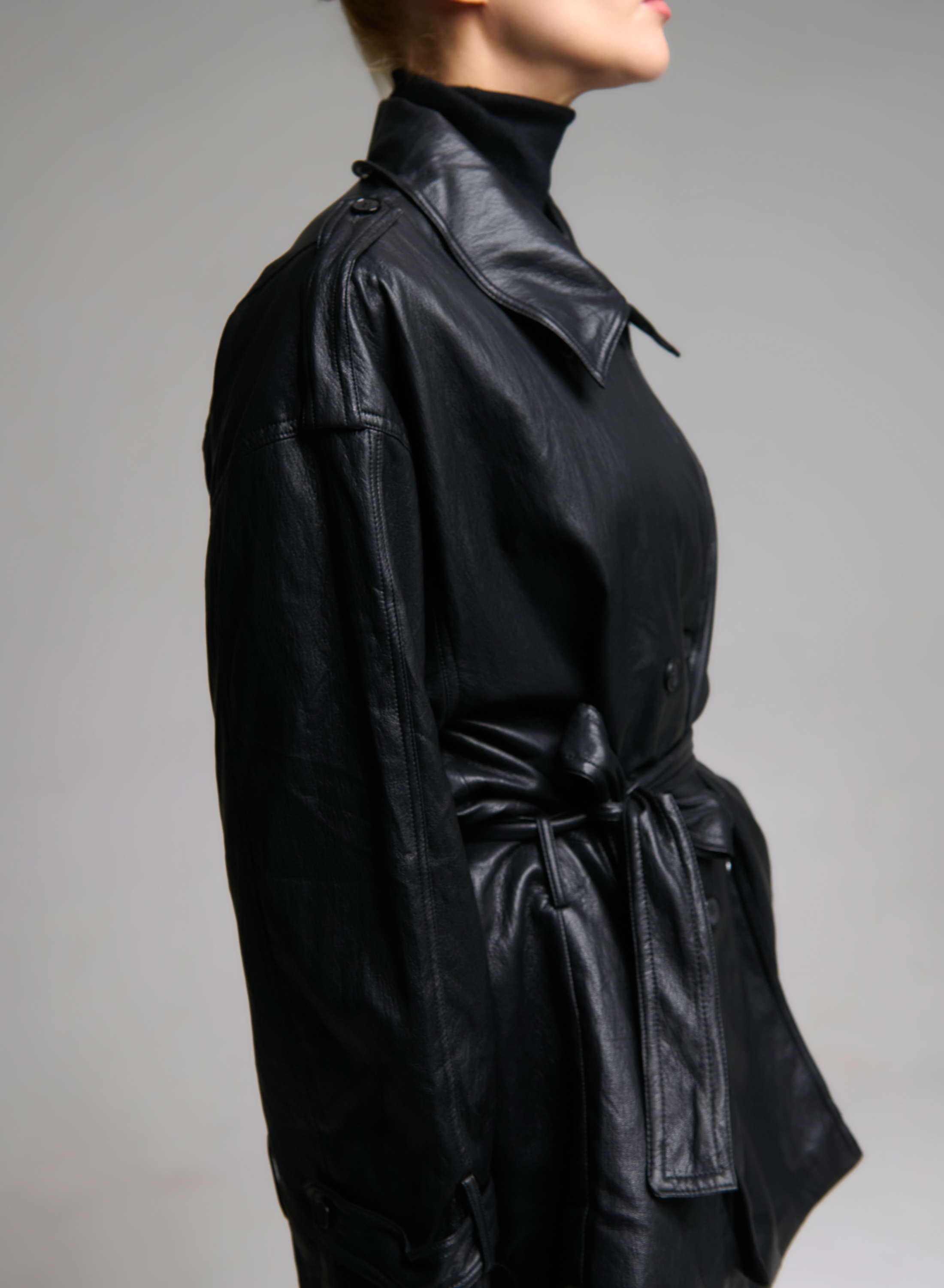 Black double breasted eco leather Jacket with belt MY STAR - 3