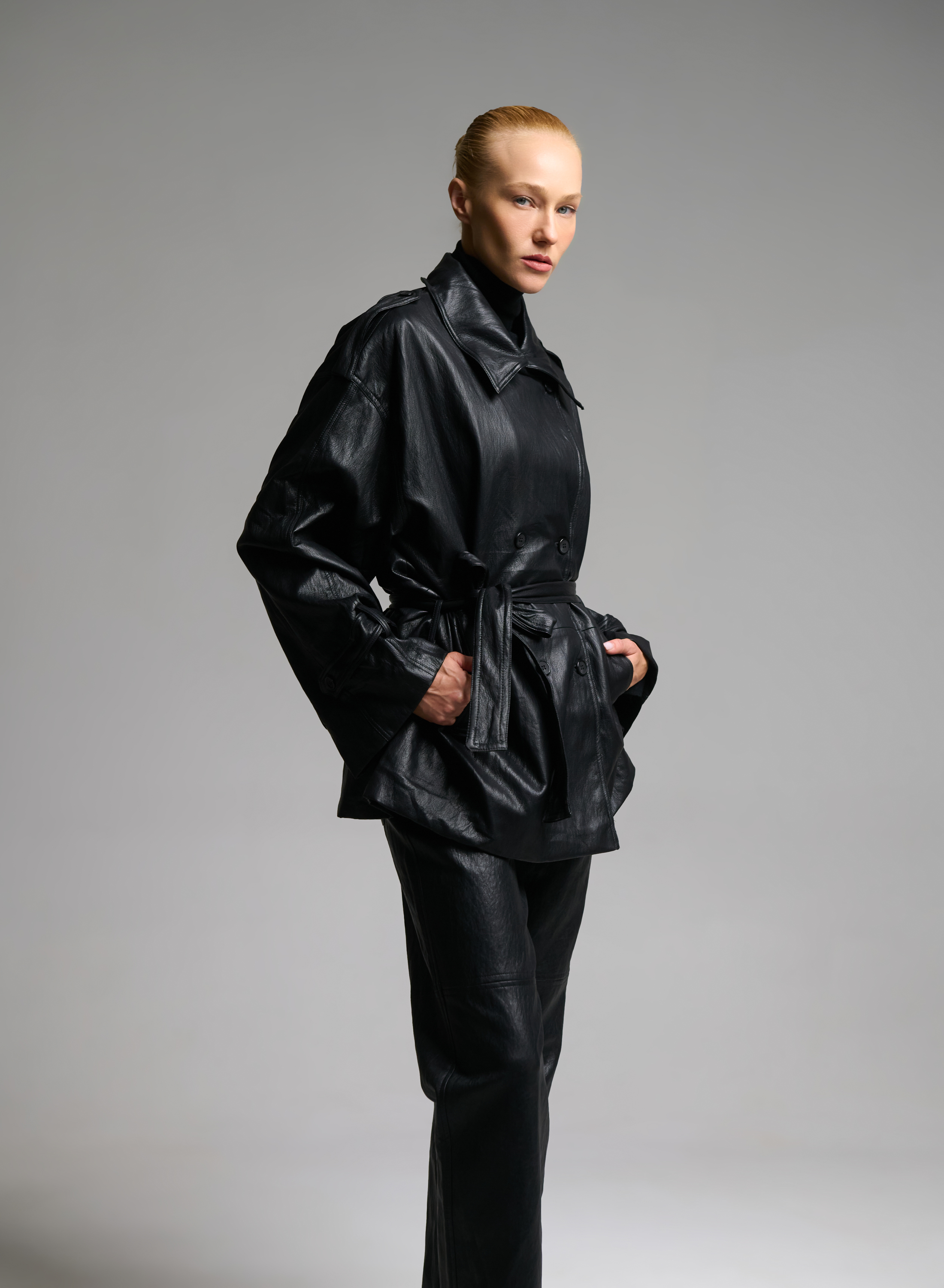 Black double breasted eco leather Jacket with belt MY STAR - 5