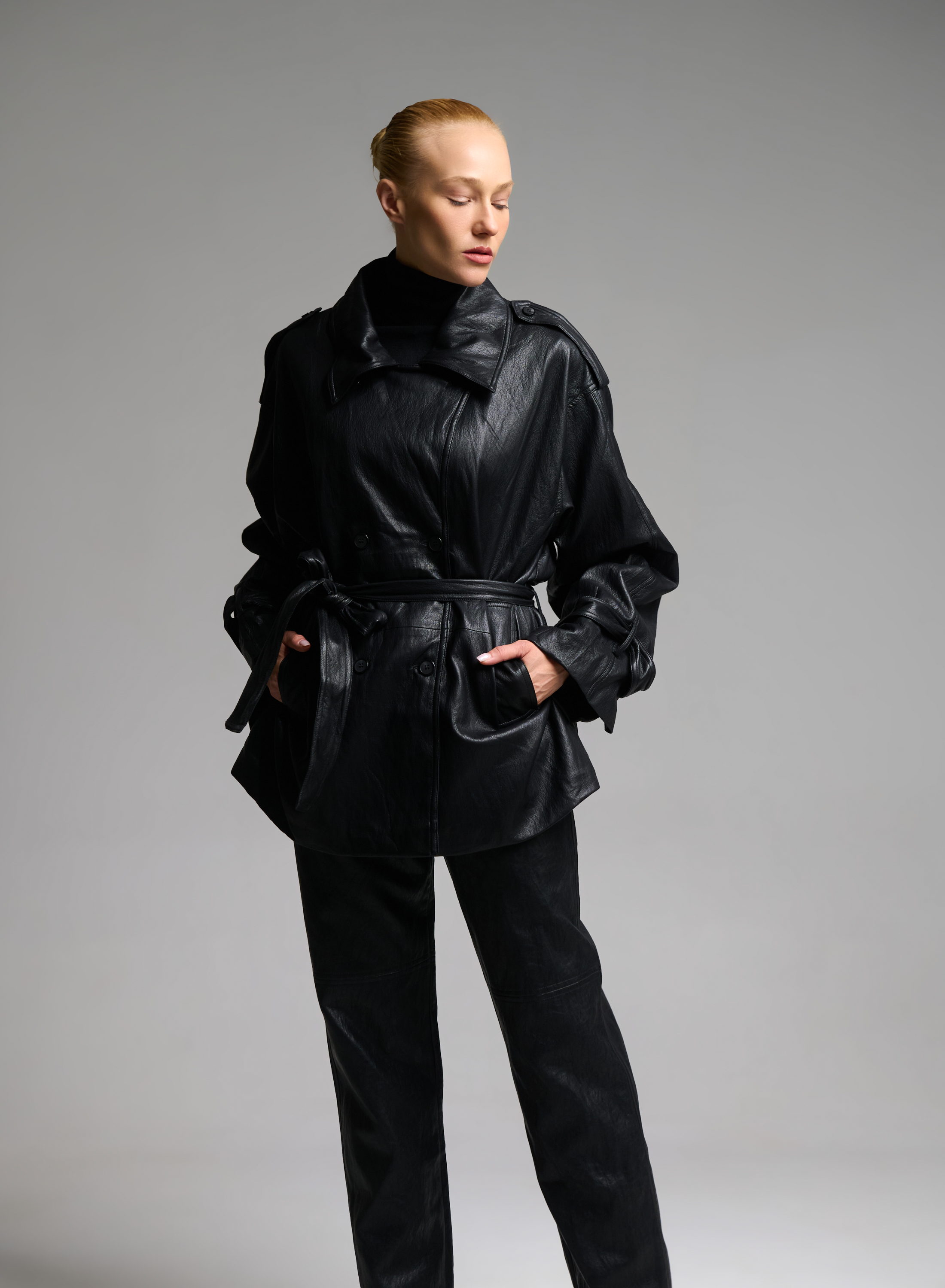 Black double breasted eco leather Jacket with belt MY STAR - 6