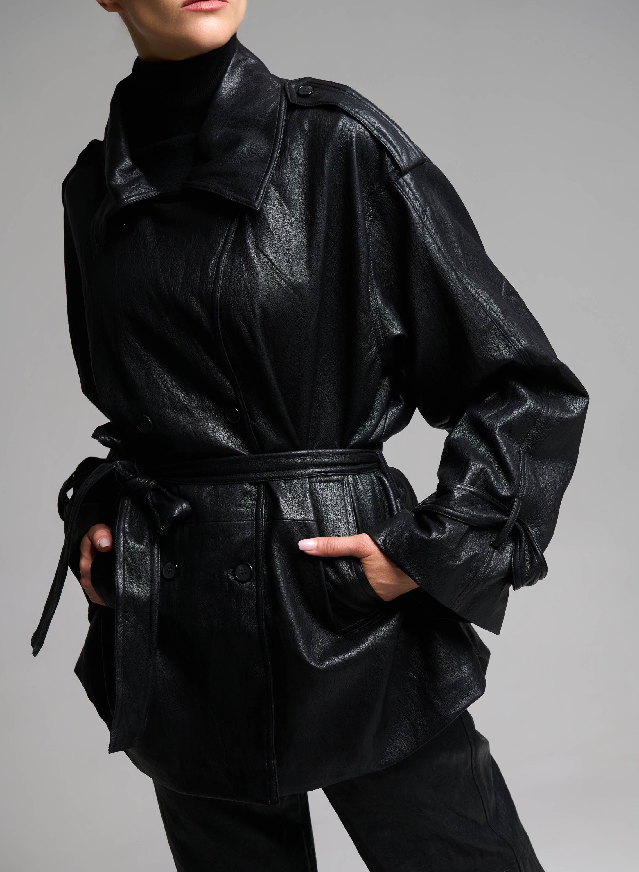 Black double breasted eco leather Jacket with belt MY STAR - 7