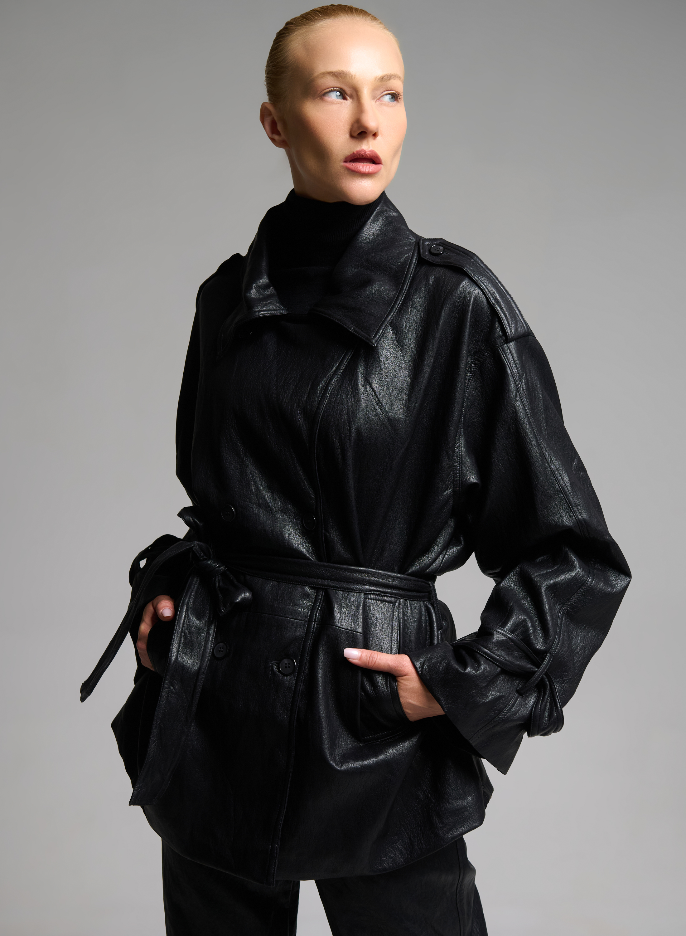Black double breasted eco leather Jacket with belt MY STAR - 8