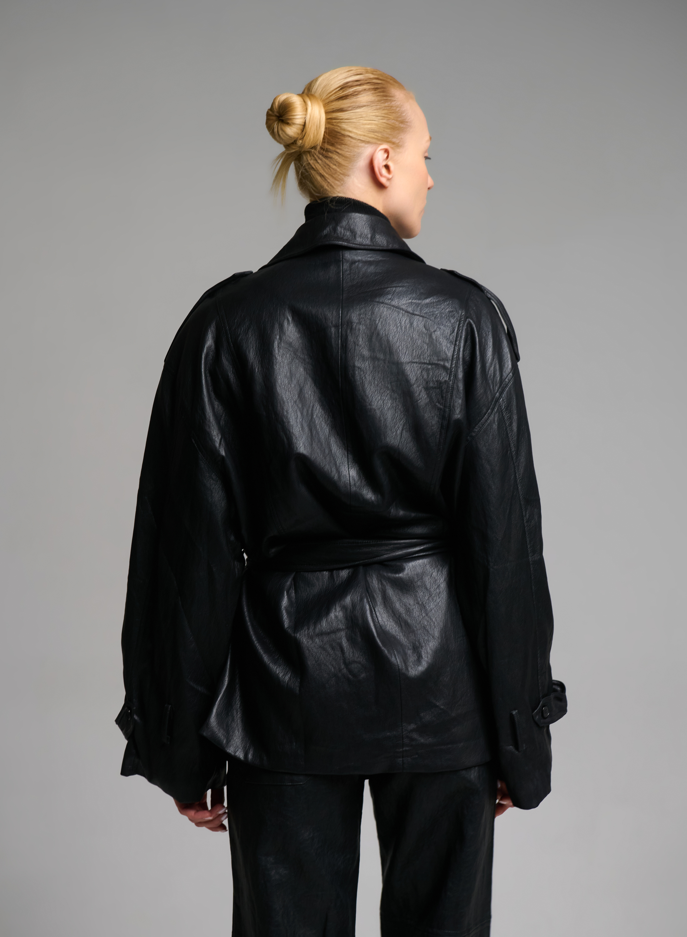 Black double breasted eco leather Jacket with belt MY STAR - 9