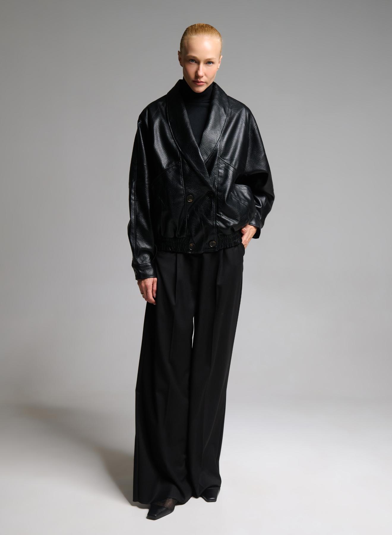 Black double breasted eco leather Jacket with tuxedo lapel and with elasticated hem WLC - 2
