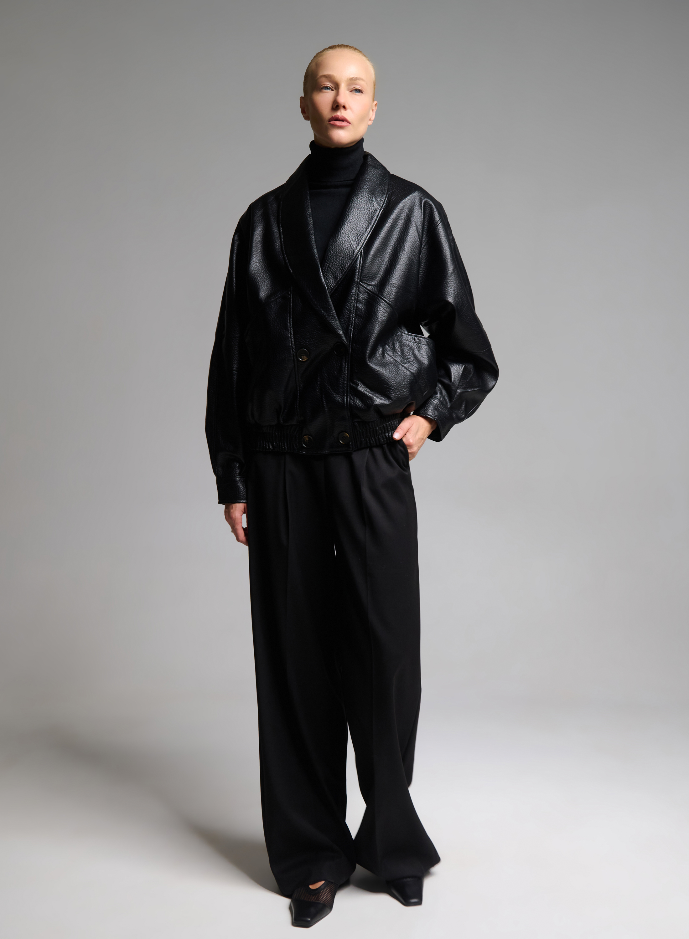 Black double breasted eco leather Jacket with tuxedo lapel and with elasticated hem WLC - 2