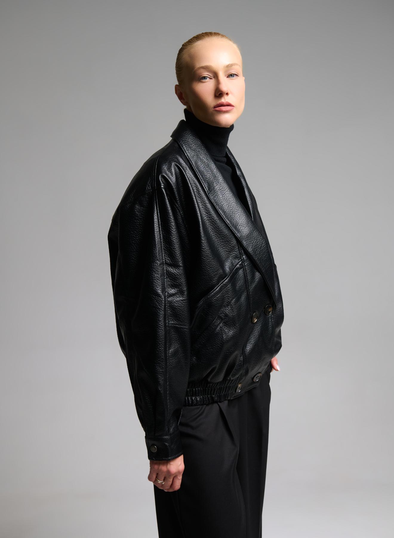 Black double breasted eco leather Jacket with tuxedo lapel and with elasticated hem WLC - 4