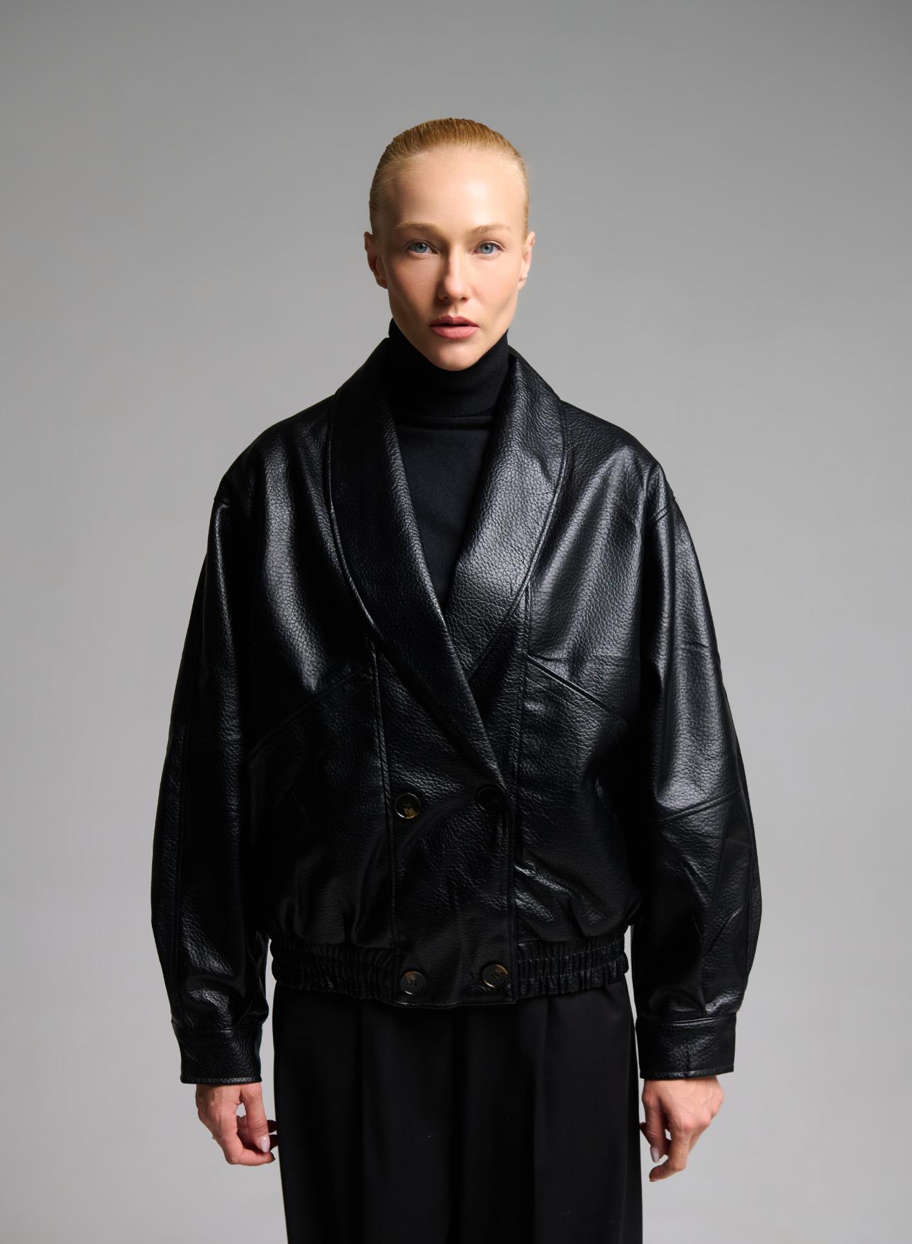Black double breasted eco leather Jacket with tuxedo lapel and with elasticated hem WLC - 1