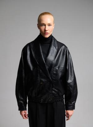 Black double breasted eco leather Jacket with tuxedo lapel and with elasticated hem WLC - 66428