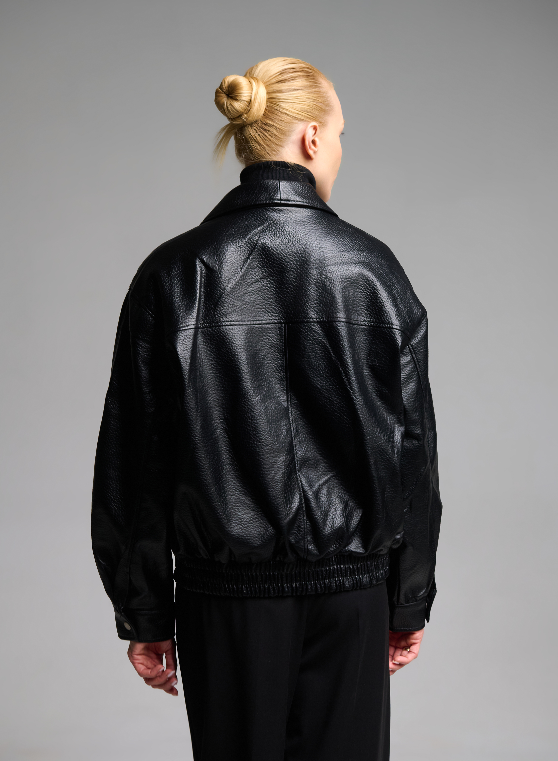Black double breasted eco leather Jacket with tuxedo lapel and with elasticated hem WLC - 8