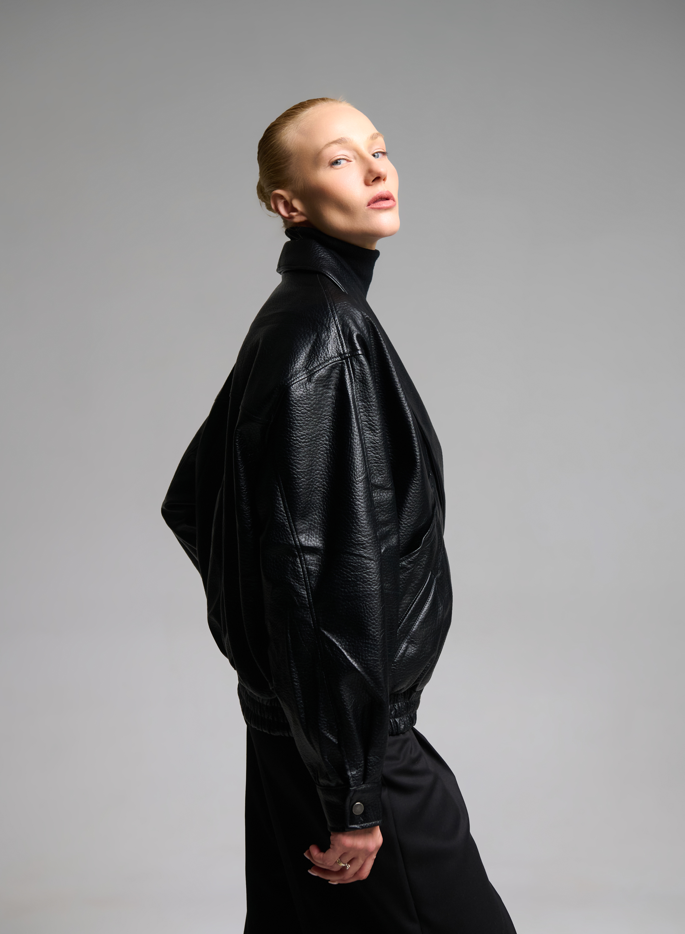 Black double breasted eco leather Jacket with tuxedo lapel and with elasticated hem WLC - 4