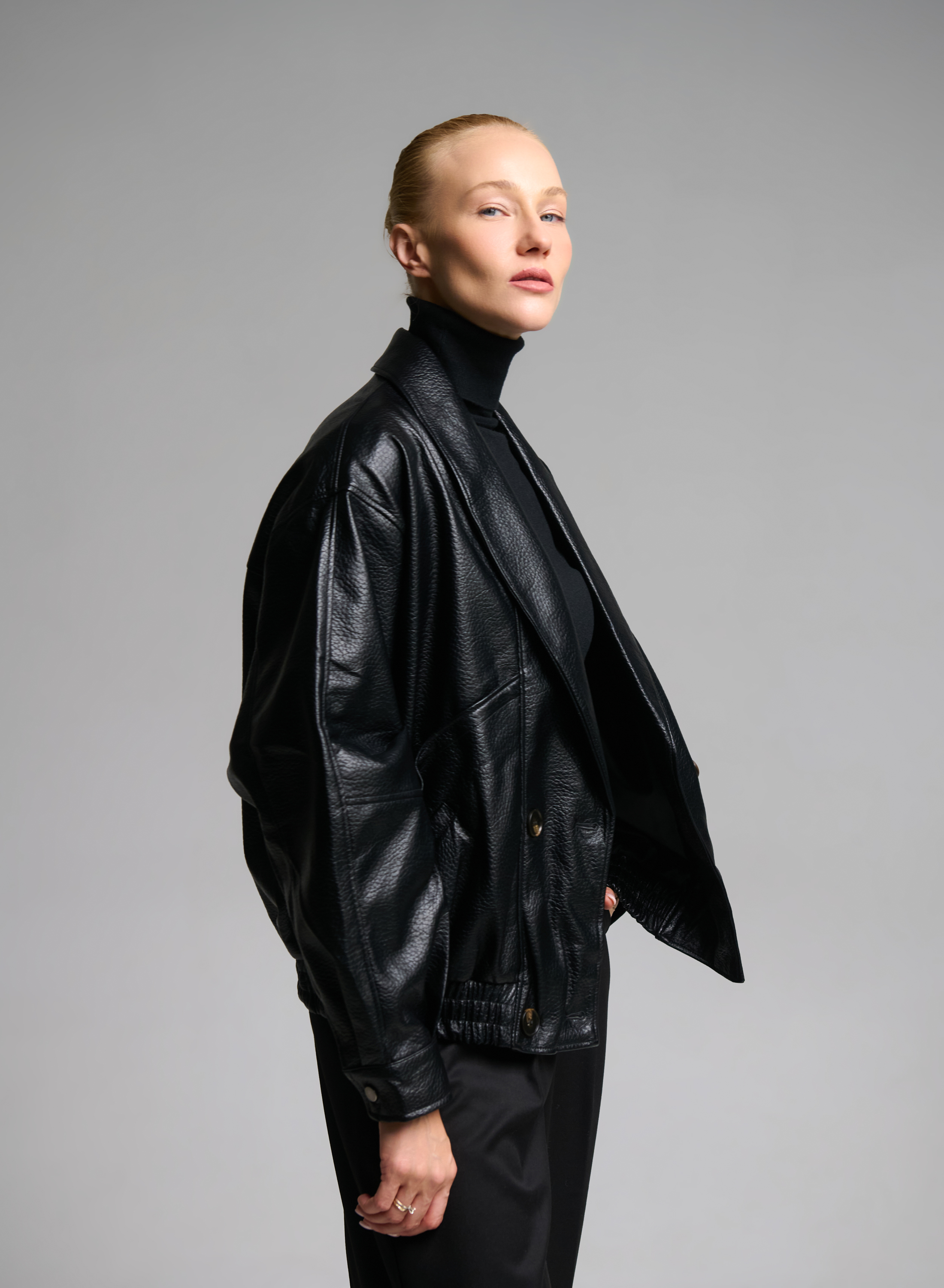 Black double breasted eco leather Jacket with tuxedo lapel and with elasticated hem WLC - 5