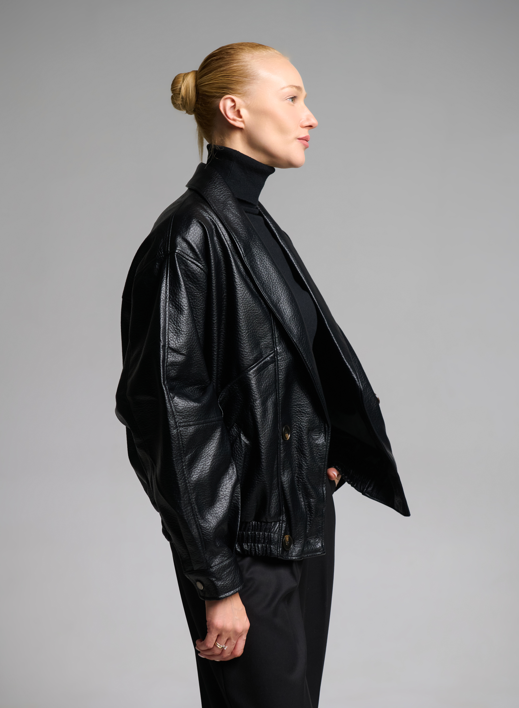 Black double breasted eco leather Jacket with tuxedo lapel and with elasticated hem WLC - 6