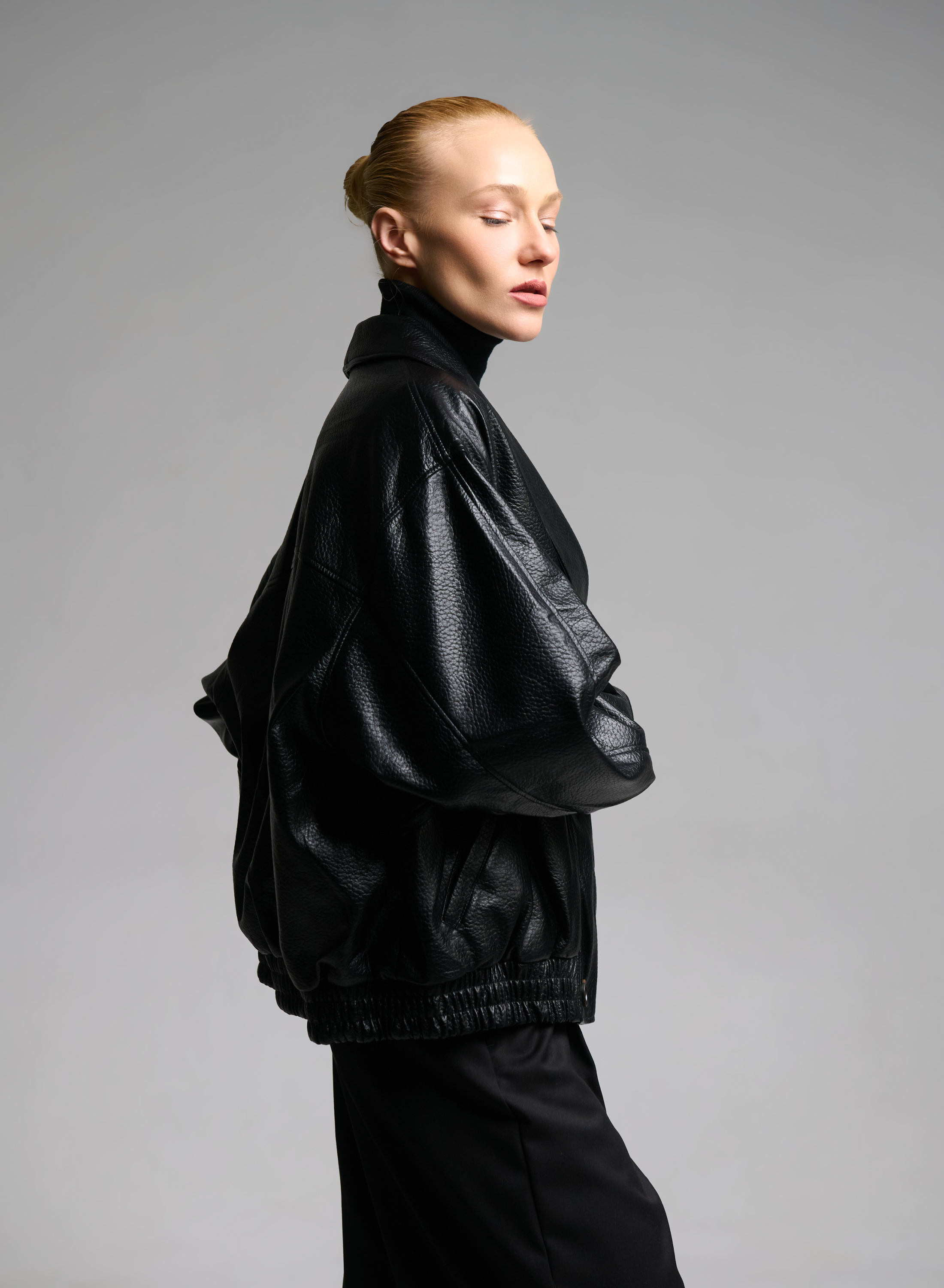 Black double breasted eco leather Jacket with tuxedo lapel and with elasticated hem WLC - 7