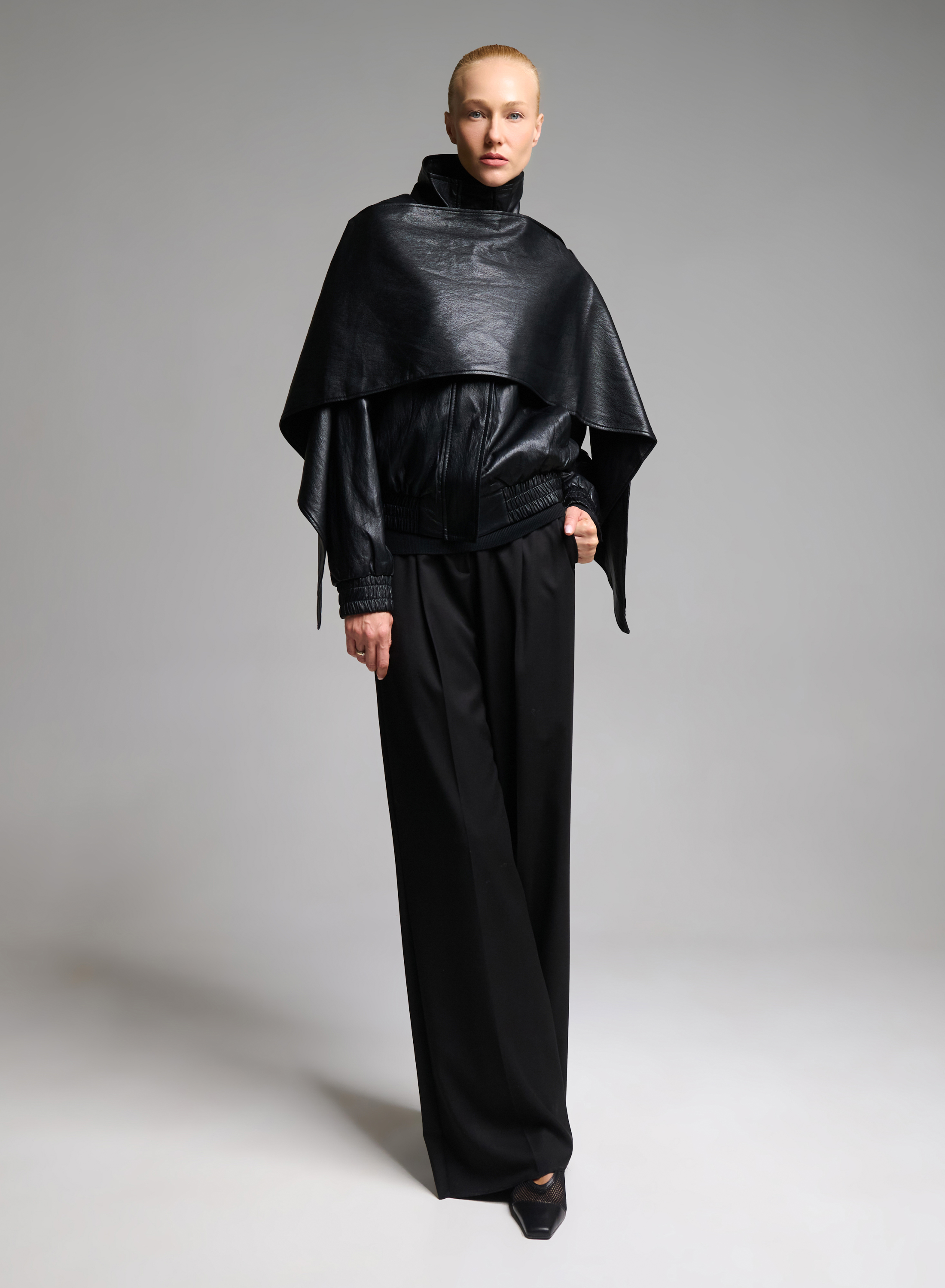 Black eco leather Jacket with detachable scarf - 1