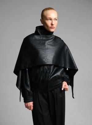 Black eco leather Jacket with detachable scarf - 66468