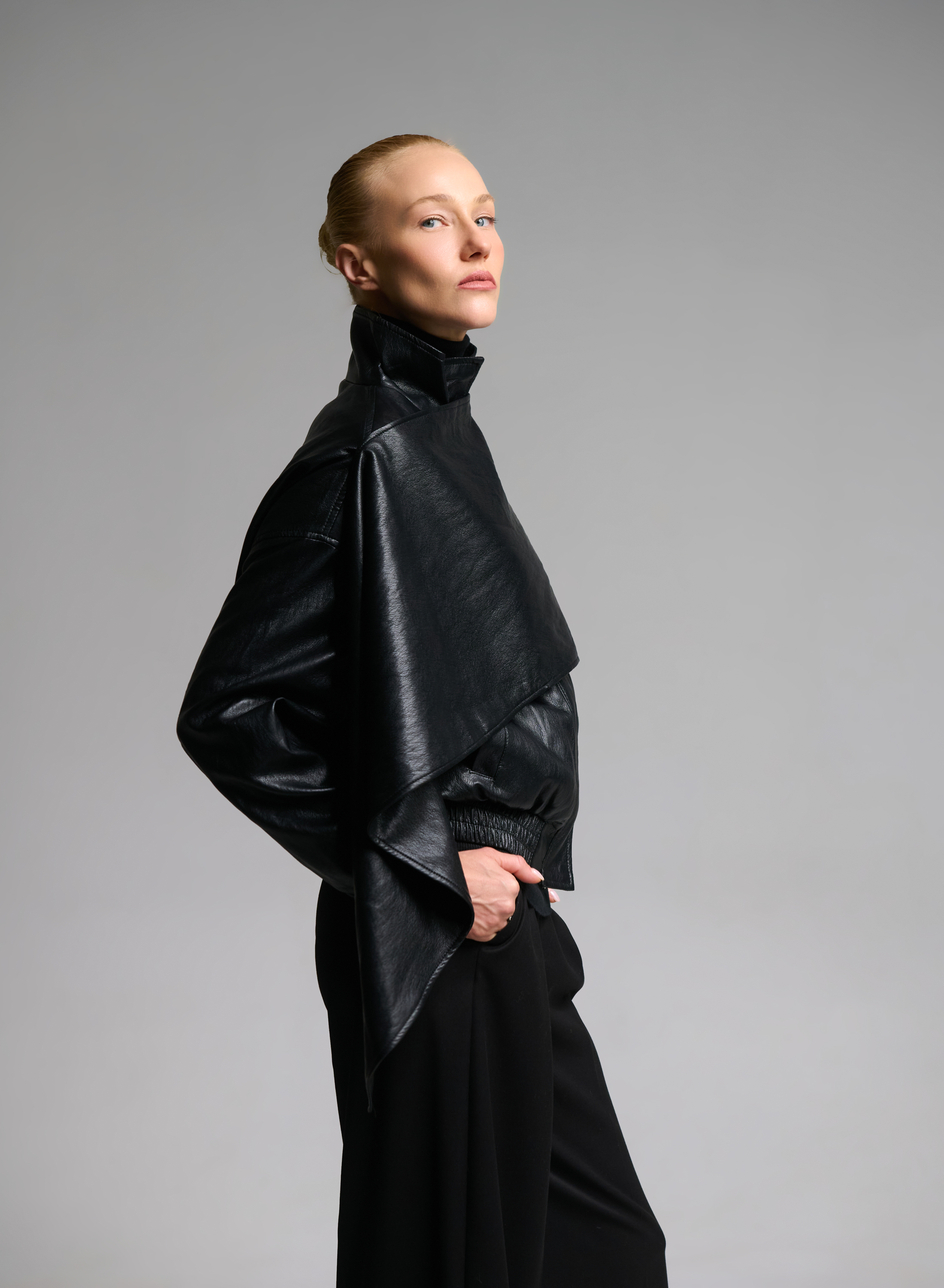Black eco leather Jacket with detachable scarf - 3