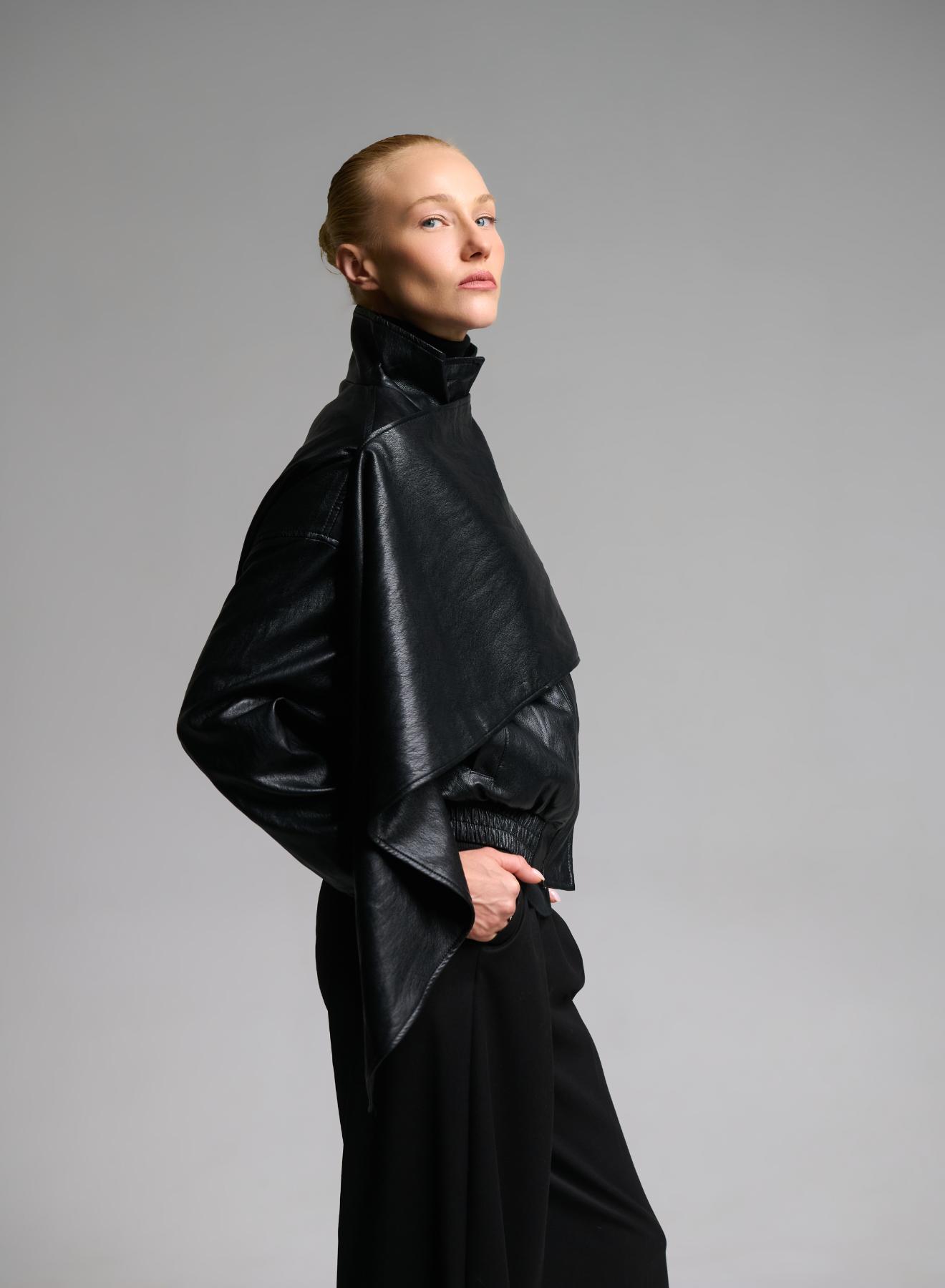 Black eco leather Jacket with detachable scarf - 4