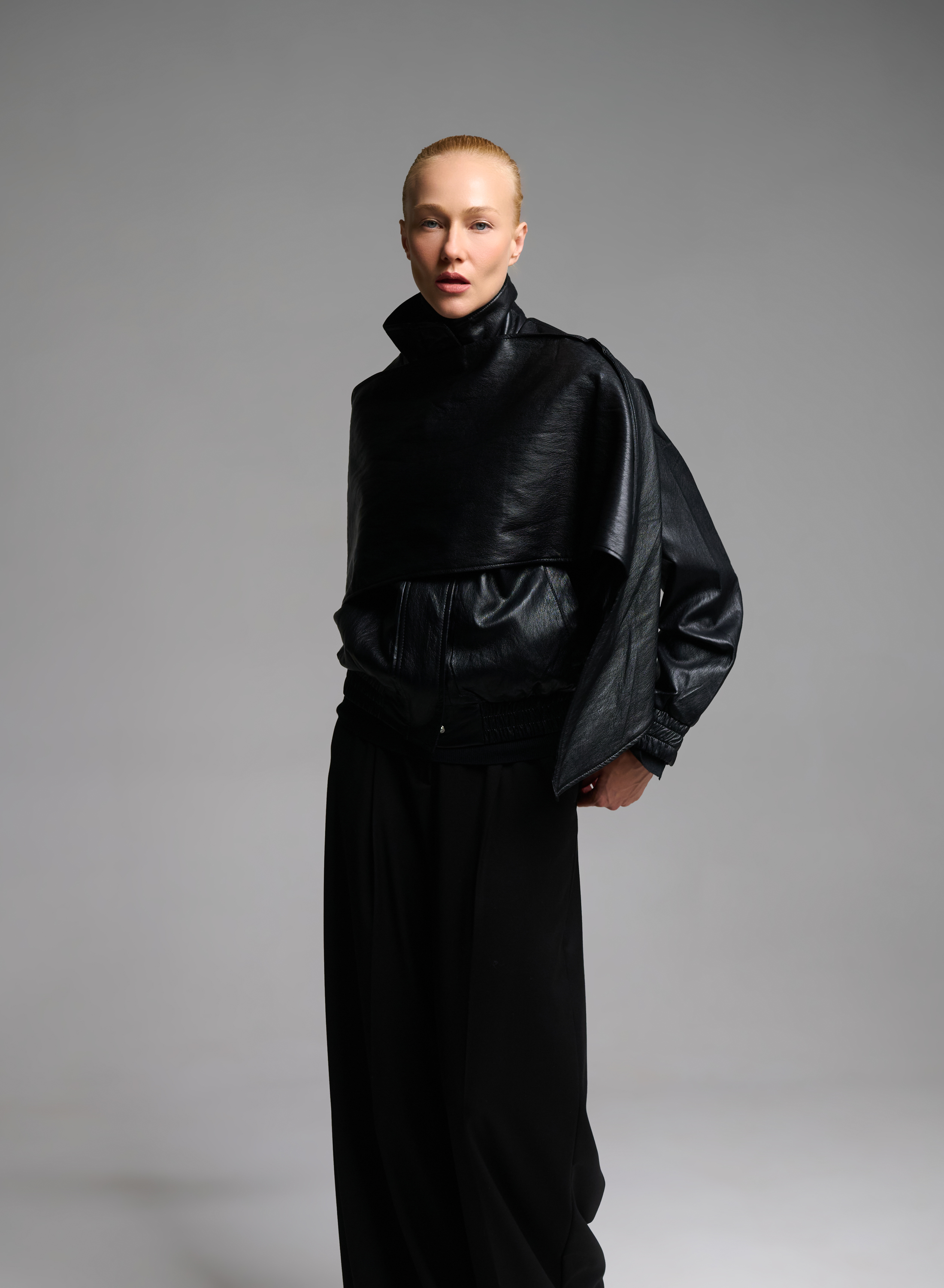 Black eco leather Jacket with detachable scarf - 5