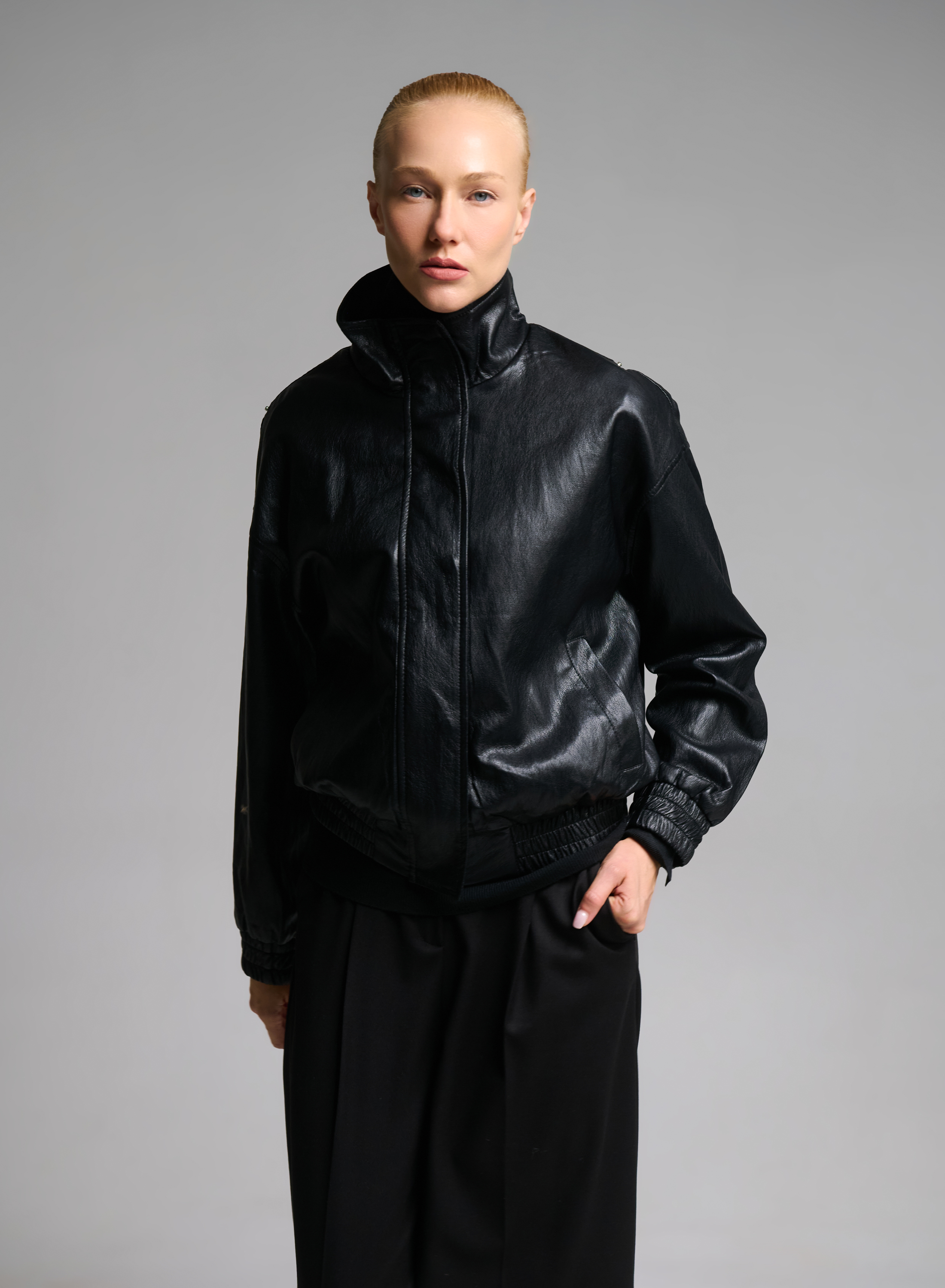 Black eco leather Jacket with detachable scarf - 7