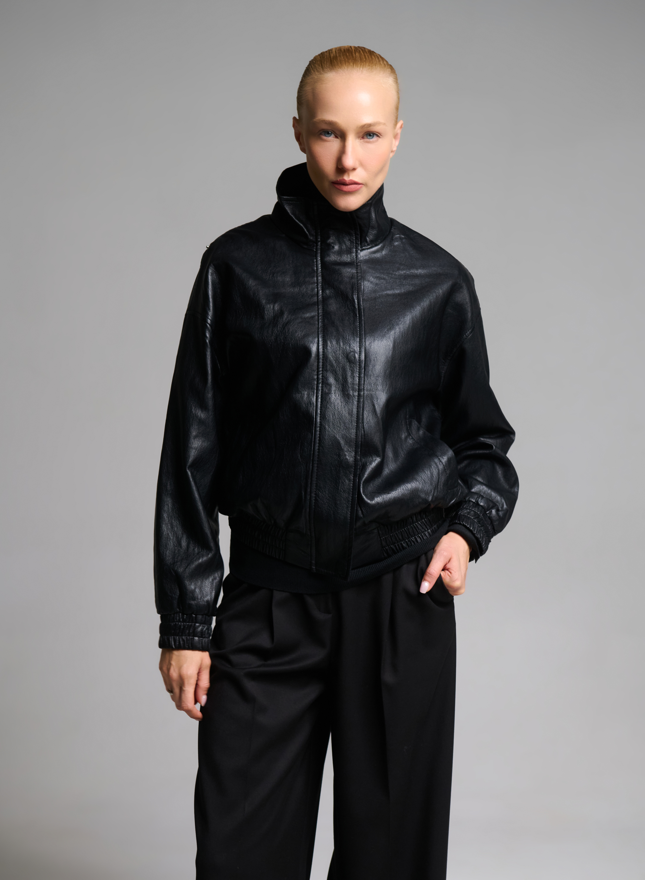 Black eco leather Jacket with detachable scarf - 8