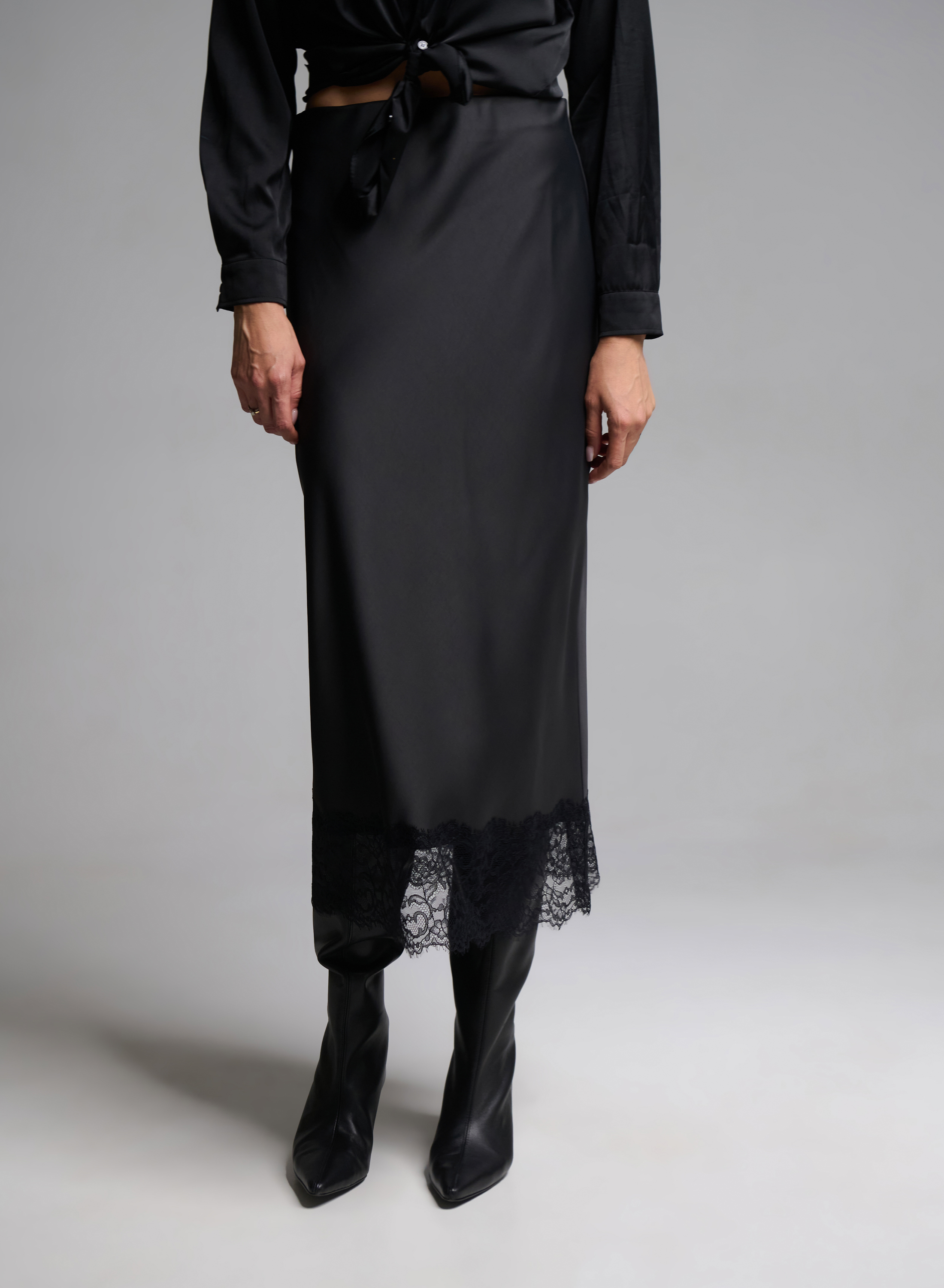 Grey Anthracite satin Skirt with lace hem Emme Marella - 1
